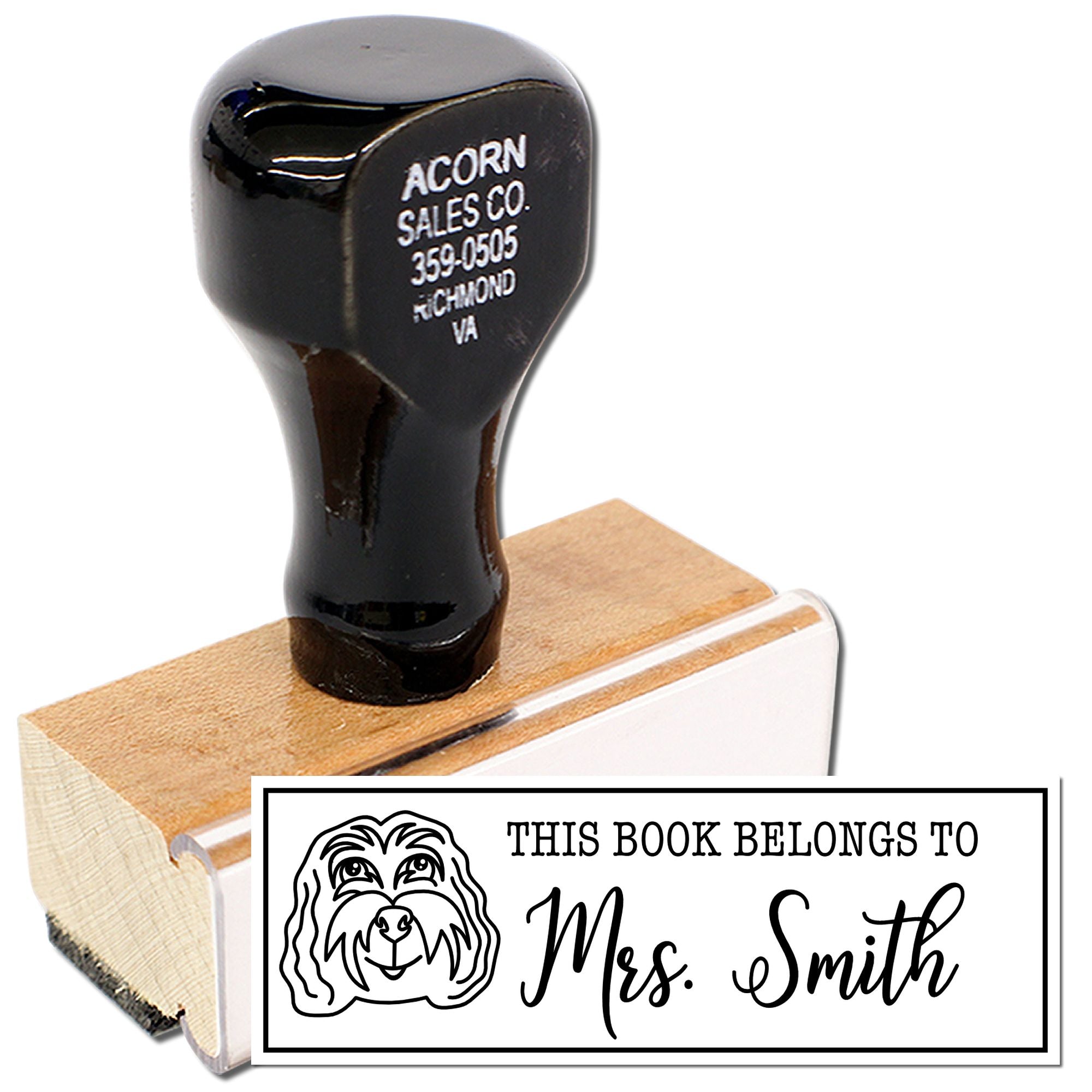 Custom rubber book stamp with dog design, personalized This Book Belongs To imprint, made by Acorn Sales Co. in Richmond, VA
