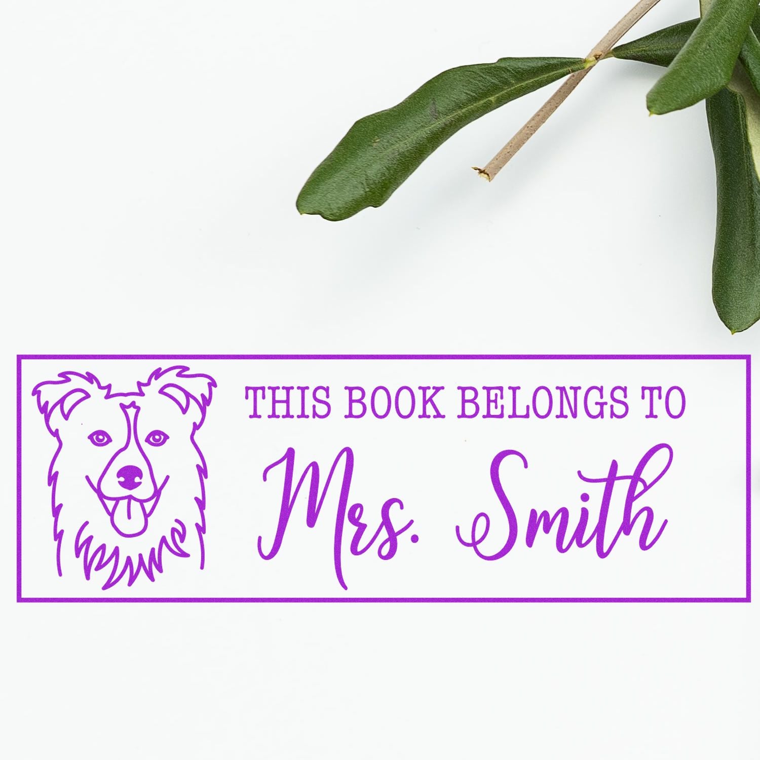 Personalized purple dog book stamp reading This book belongs to Mrs. Smith for marking custom library books