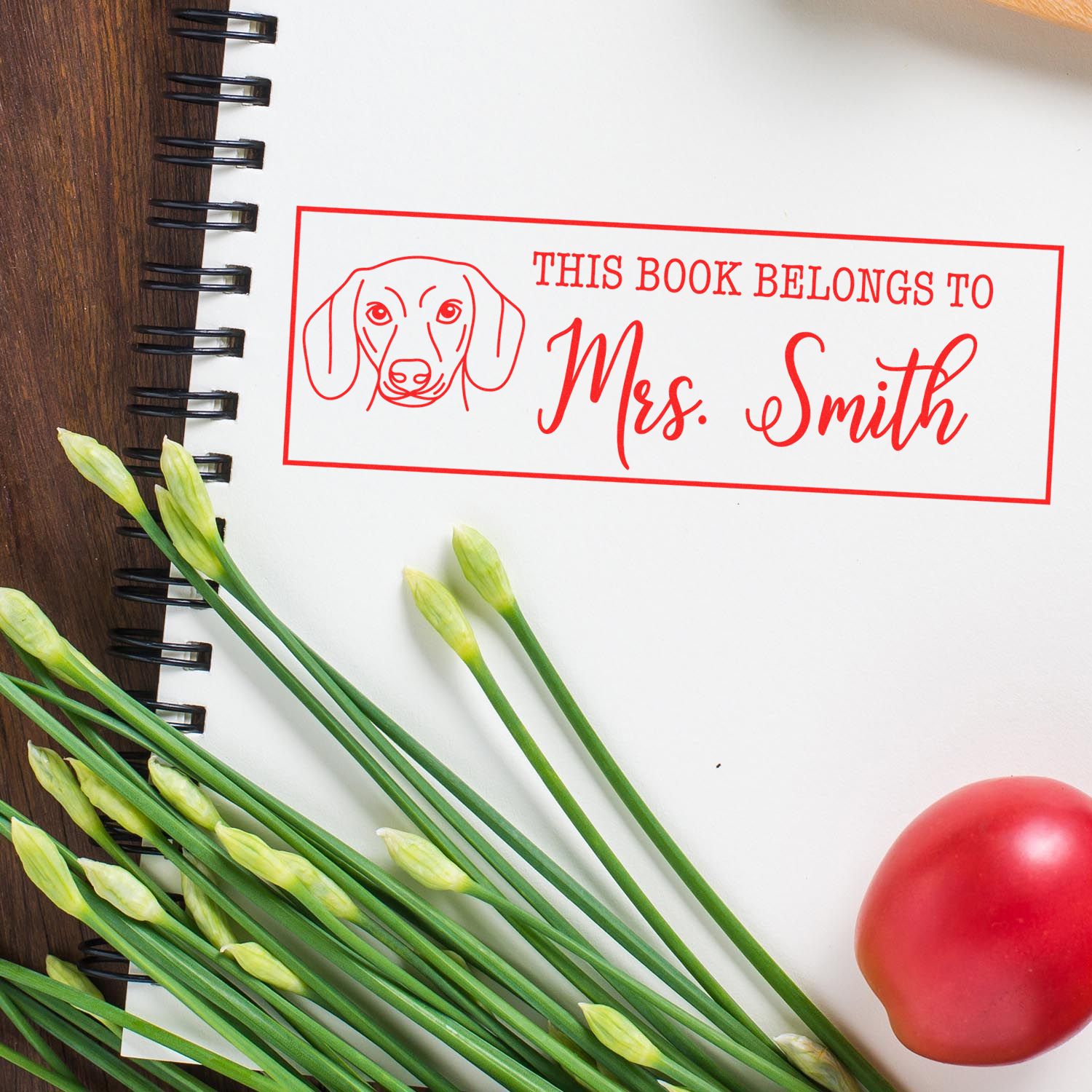 Custom dog bookplate rubber stamp reading This Book Belongs to Mrs. Smith for personalized library books and notebooks
