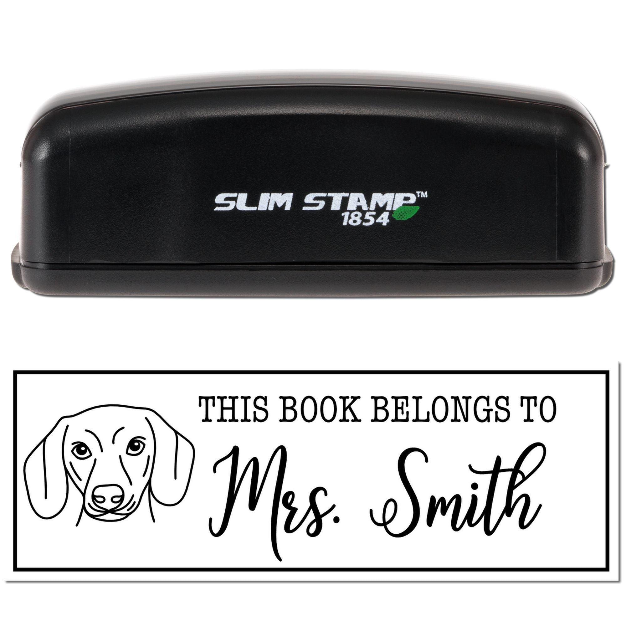 Slim Stamp 1854 self-inking rubber book stamp with dog illustration and personalized This Book Belongs to Mrs. Smith design.