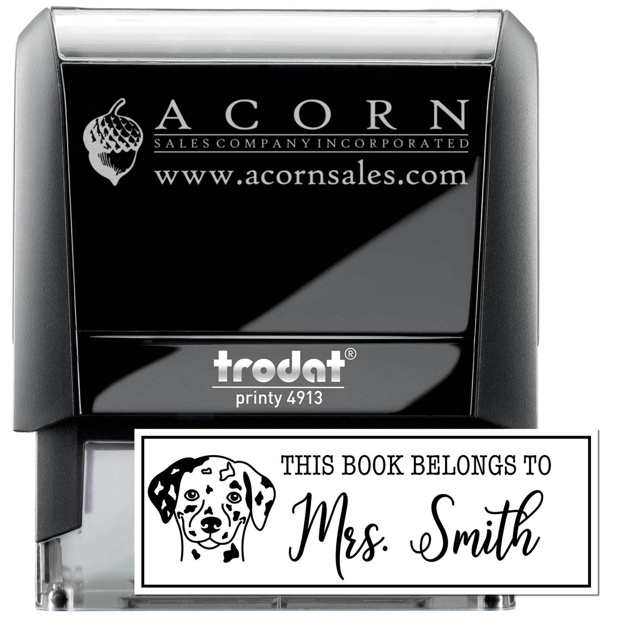 Custom self-inking book stamp, Trodat Printy 4913, with dog design and personalized Mrs. Smith name impression.