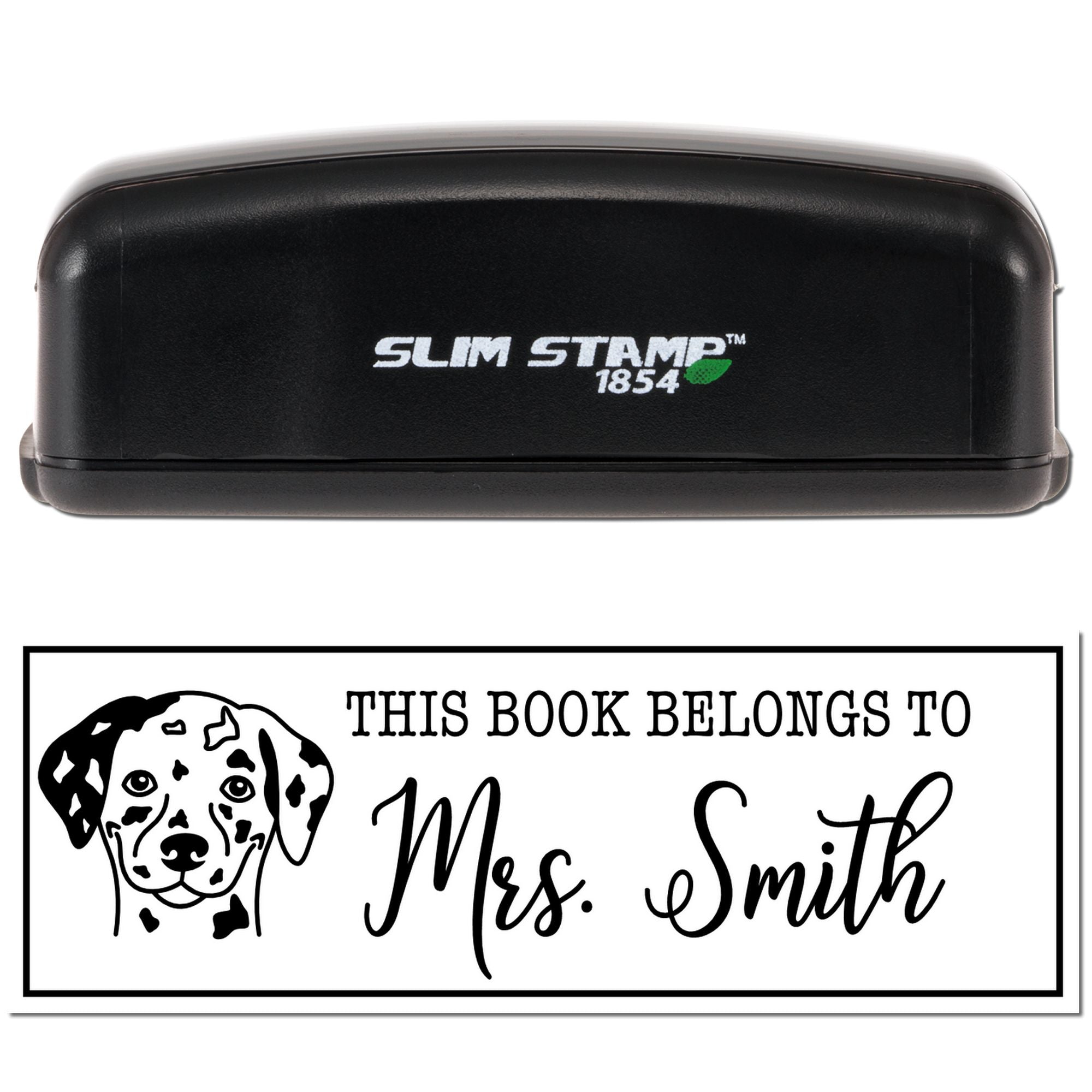 Custom self-inking rubber book stamp with dog design and personalized This book belongs to Mrs. Smith text.
