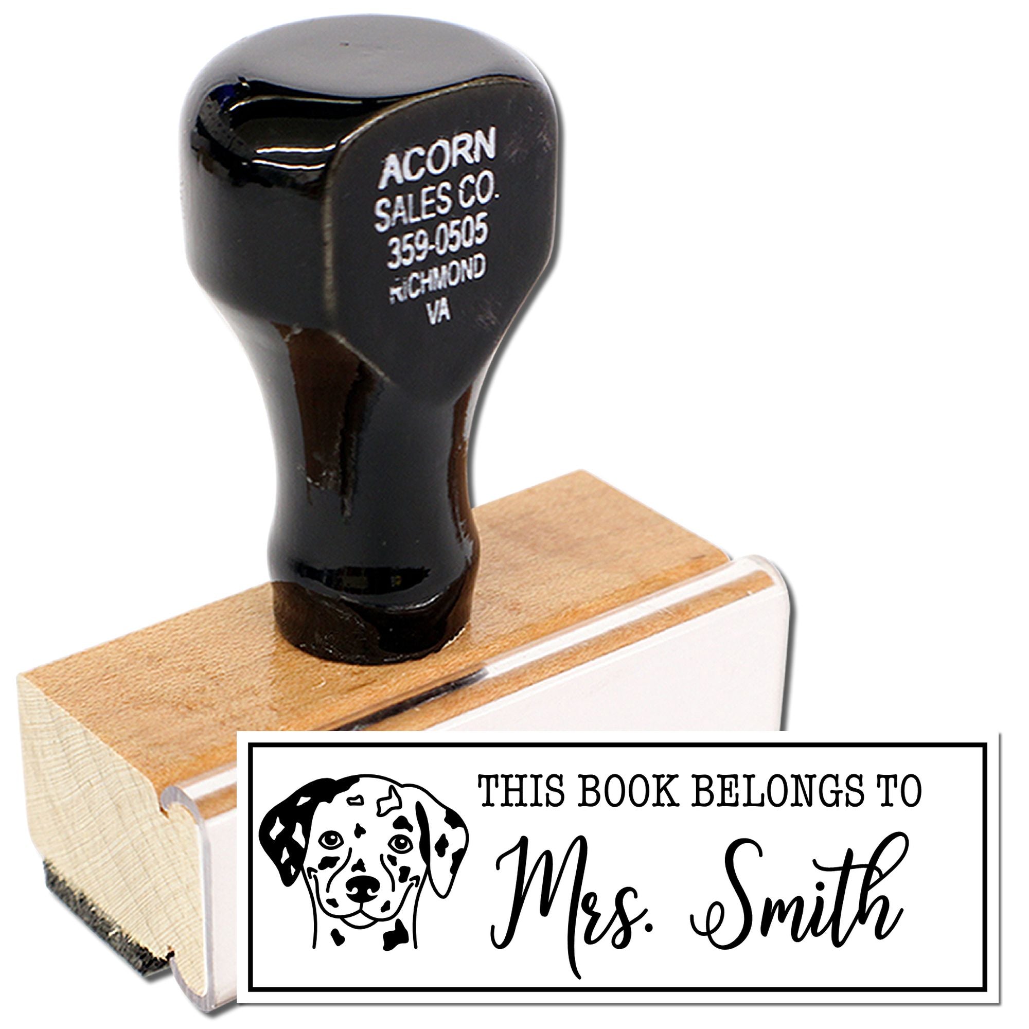 Custom rubber book stamp with dog design and Mrs. Smith name for labeling library books, classroom materials, and personal collections.