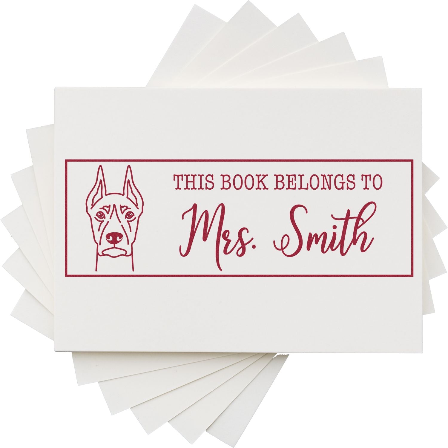 Personalized book stamp with dog portrait and This Book Belongs to Mrs. Smith custom ex libris design.