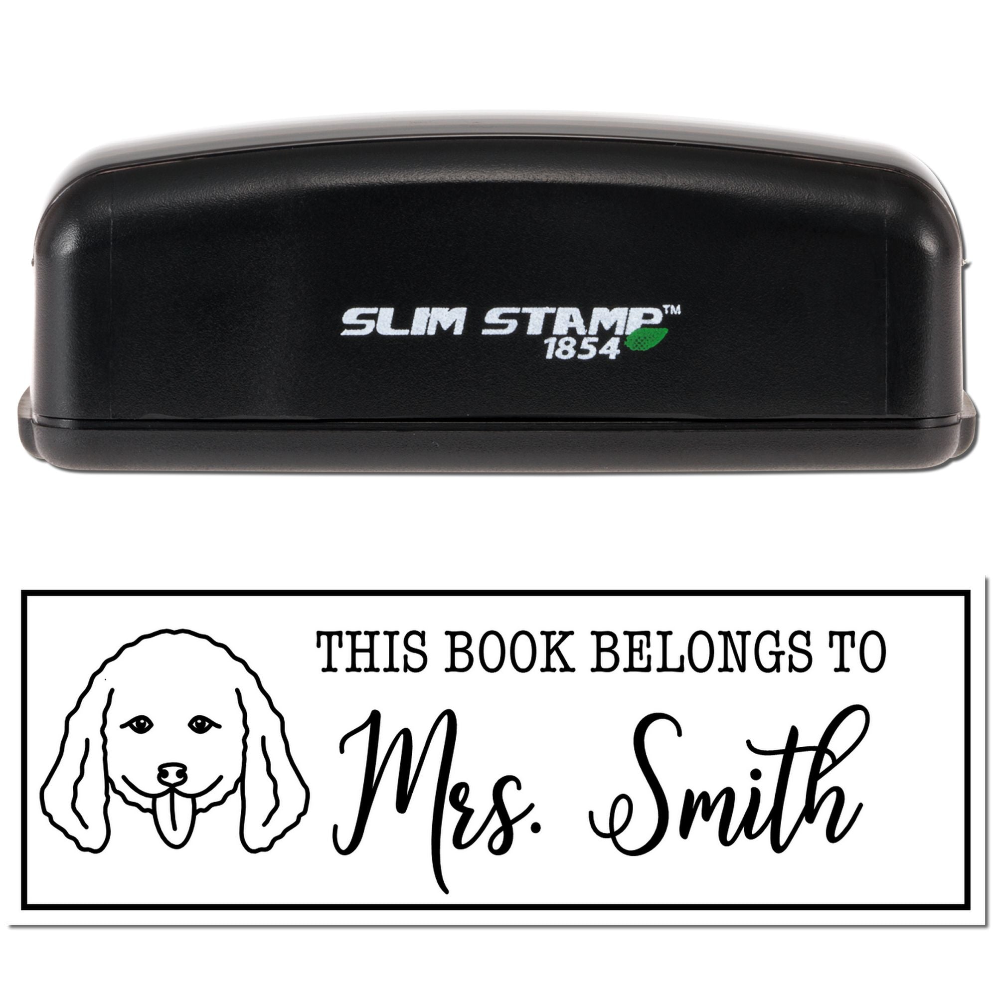 Slim Stamp 1854 self-inking rubber stamp with personalized bookplate imprint reading This Book Belongs to Mrs. Smith.