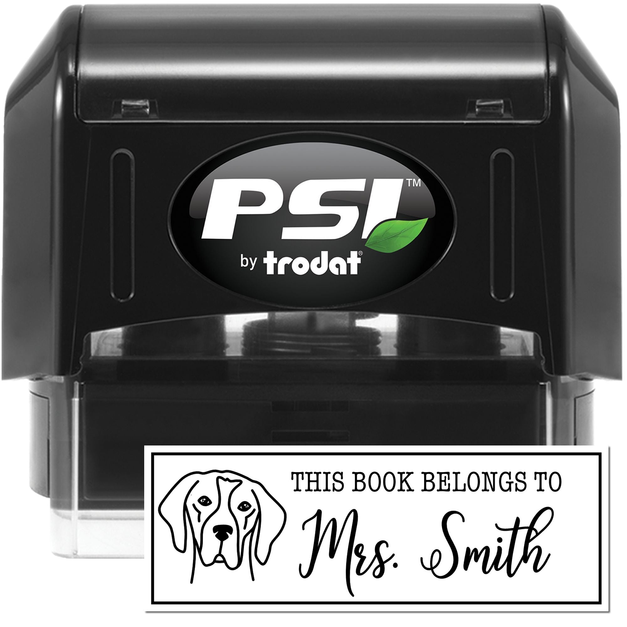 PSI by Trodat self-inking rubber stamp for custom This Book Belongs To book plates with dog design.