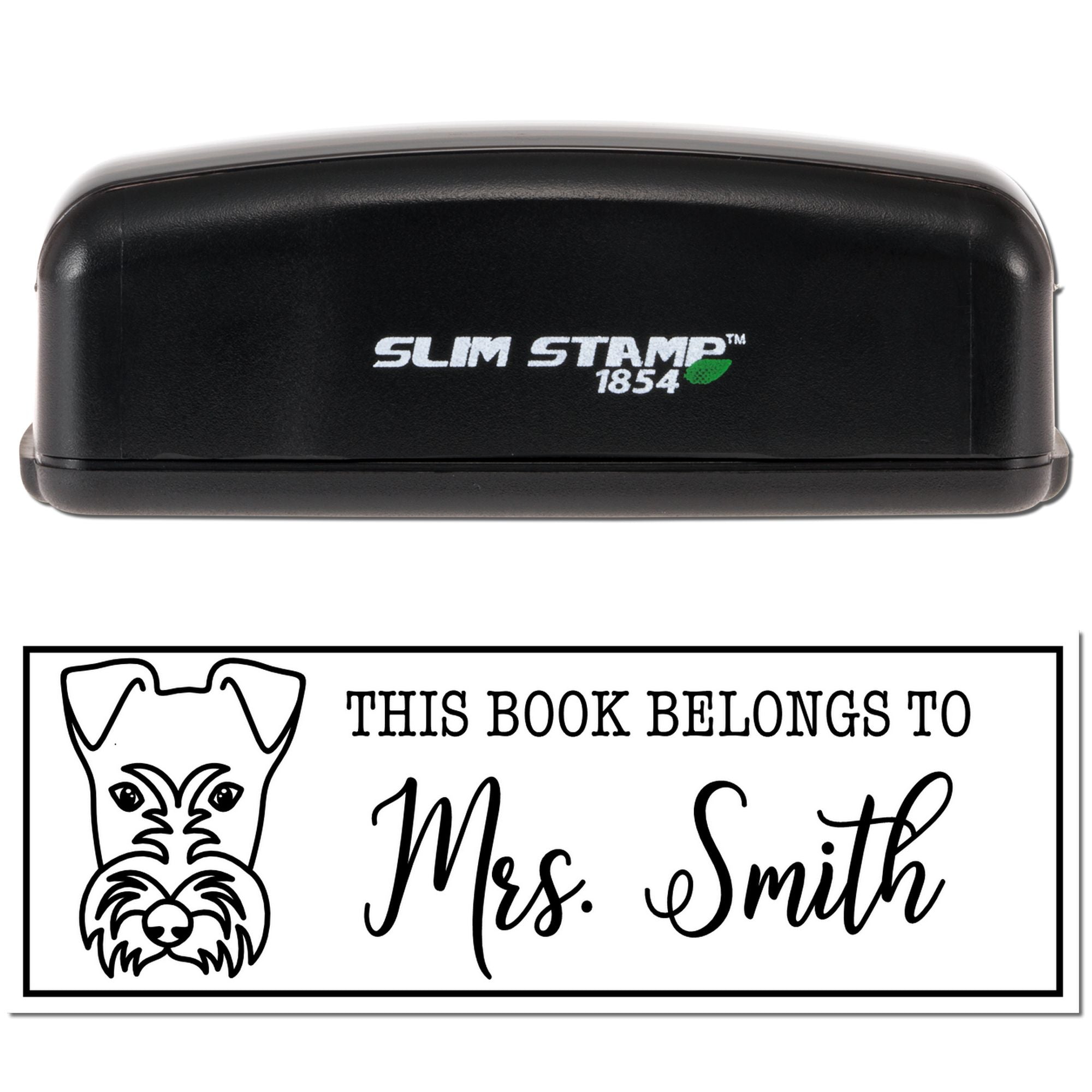 Custom rubber book stamp with dog design and This Book Belongs To Mrs. Smith text for personalizing books.
