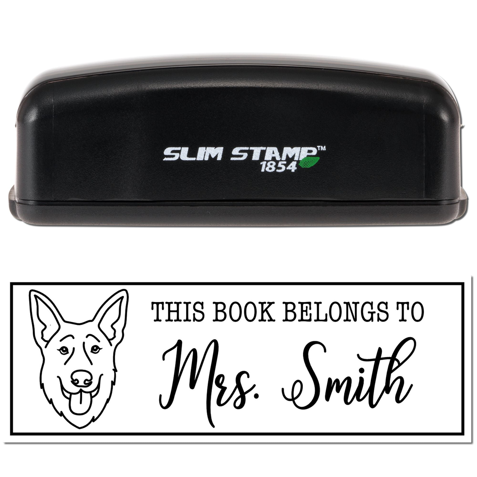 Personalized Slim Stamp rubber stamp with dog bookplate design reading "This Book Belongs to Mrs. Smith" for library labeling.