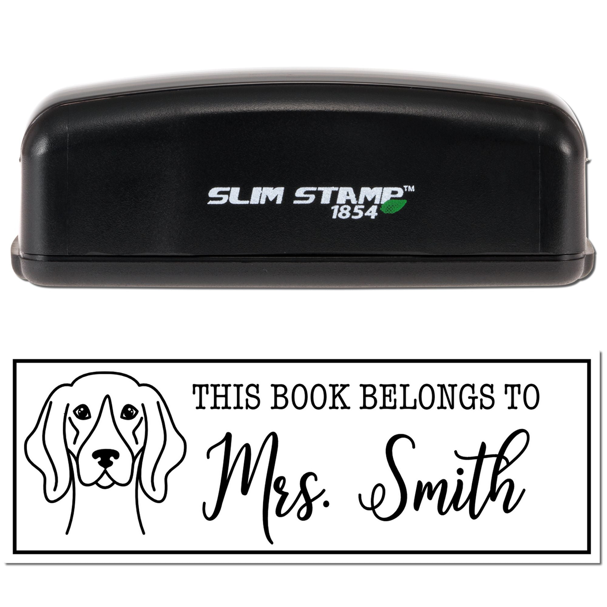 Slim Stamp 1854 self-inking rubber stamp for personalized book labels with dog design and This Book Belongs to Mrs. Smith imprint.