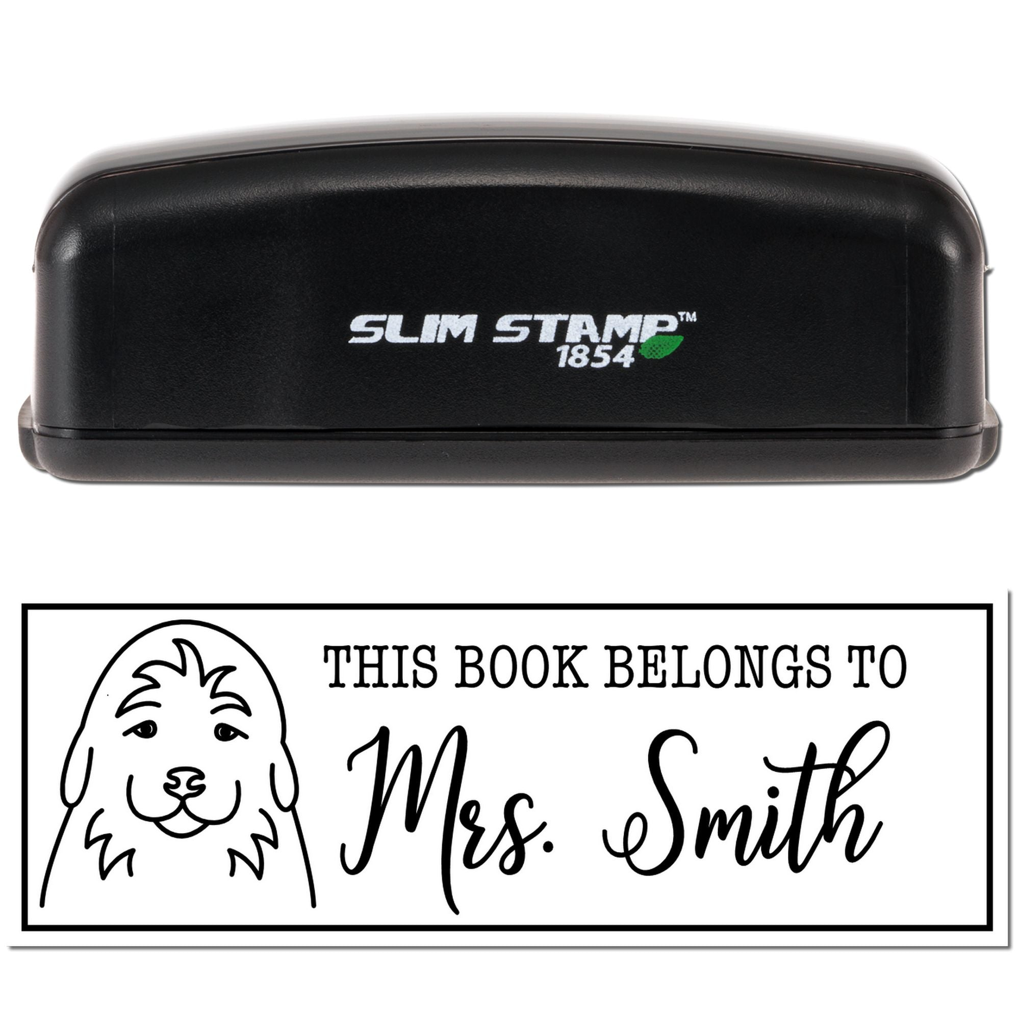 Personalized book rubber stamp by Slim Stamp 1854, featuring dog art and This Book Belongs To Mrs. Smith imprint.