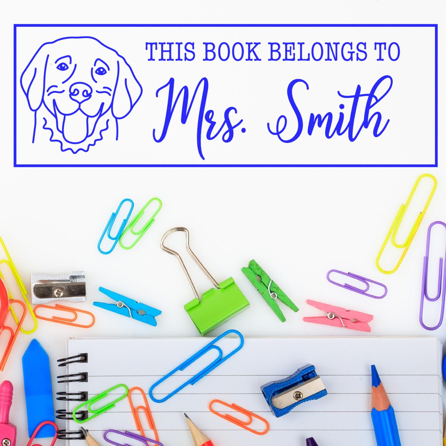 Personalized dog book stamp reading This Book Belongs To Mrs. Smith for classroom, library, and childrens books.