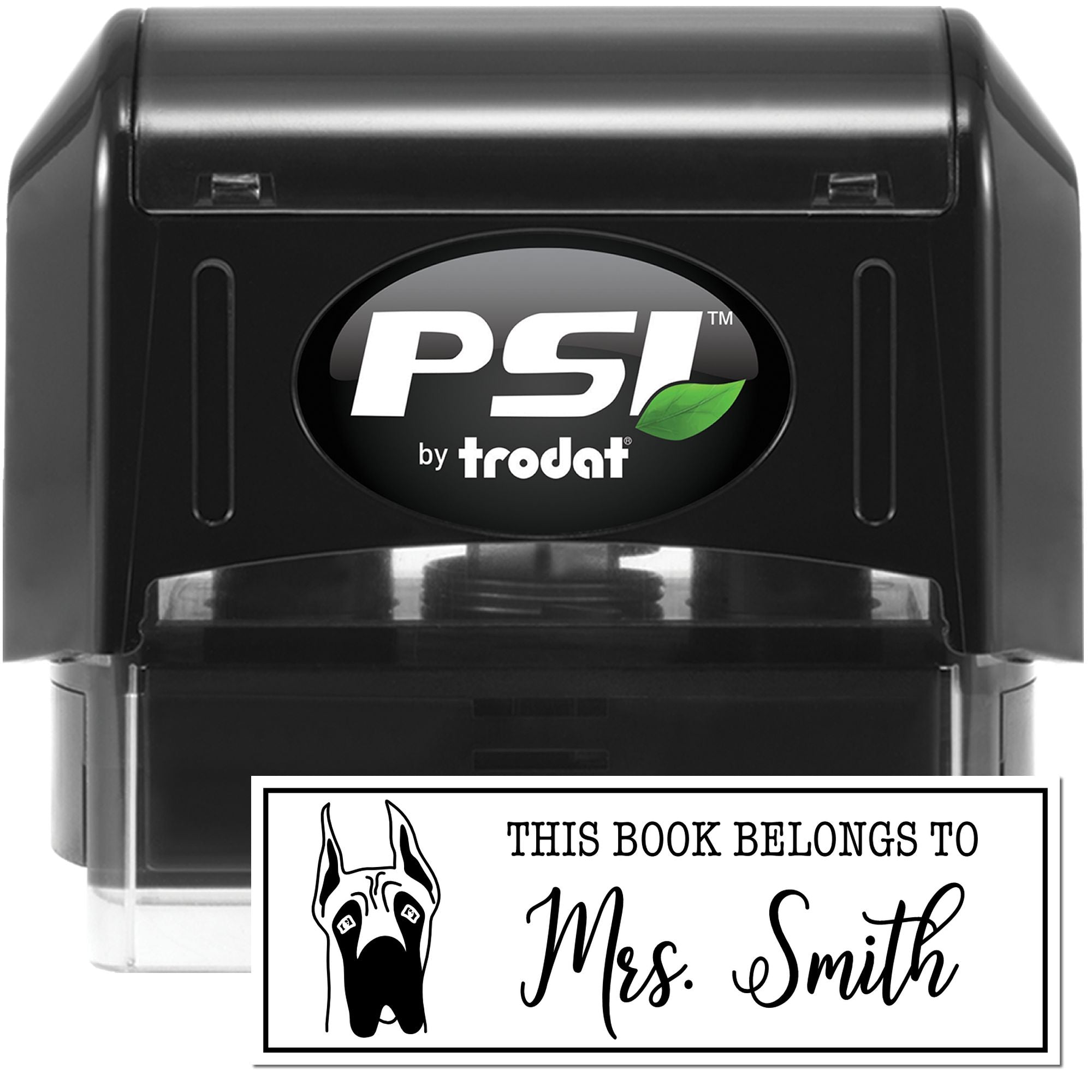 PSI by Trodat self-inking custom rubber stamp for book ownership labels, shown with This Book Belongs to Mrs. Smith design.