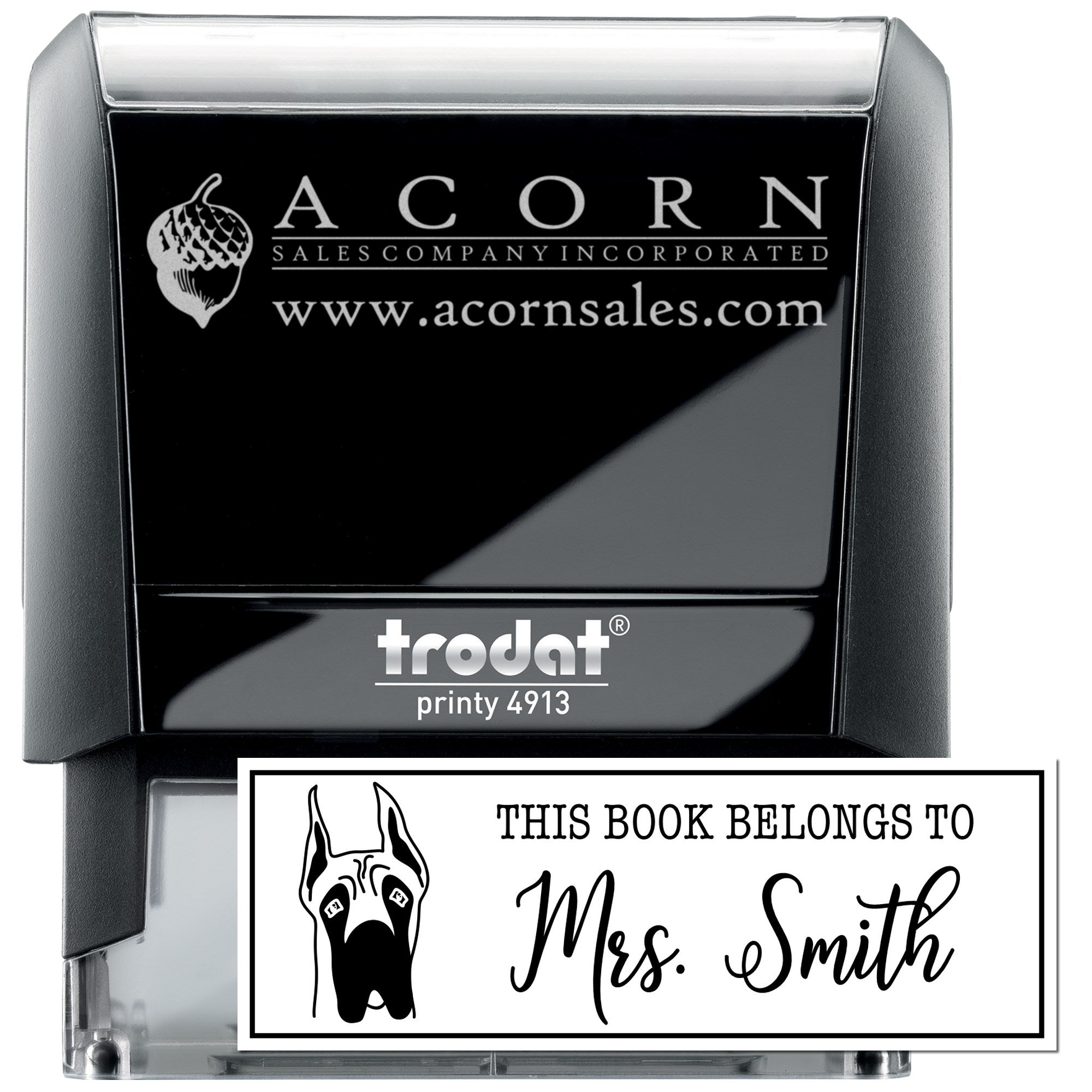 Custom self-inking rubber stamp with personalized business logo and book name imprint, Trodat Printy 4913.
