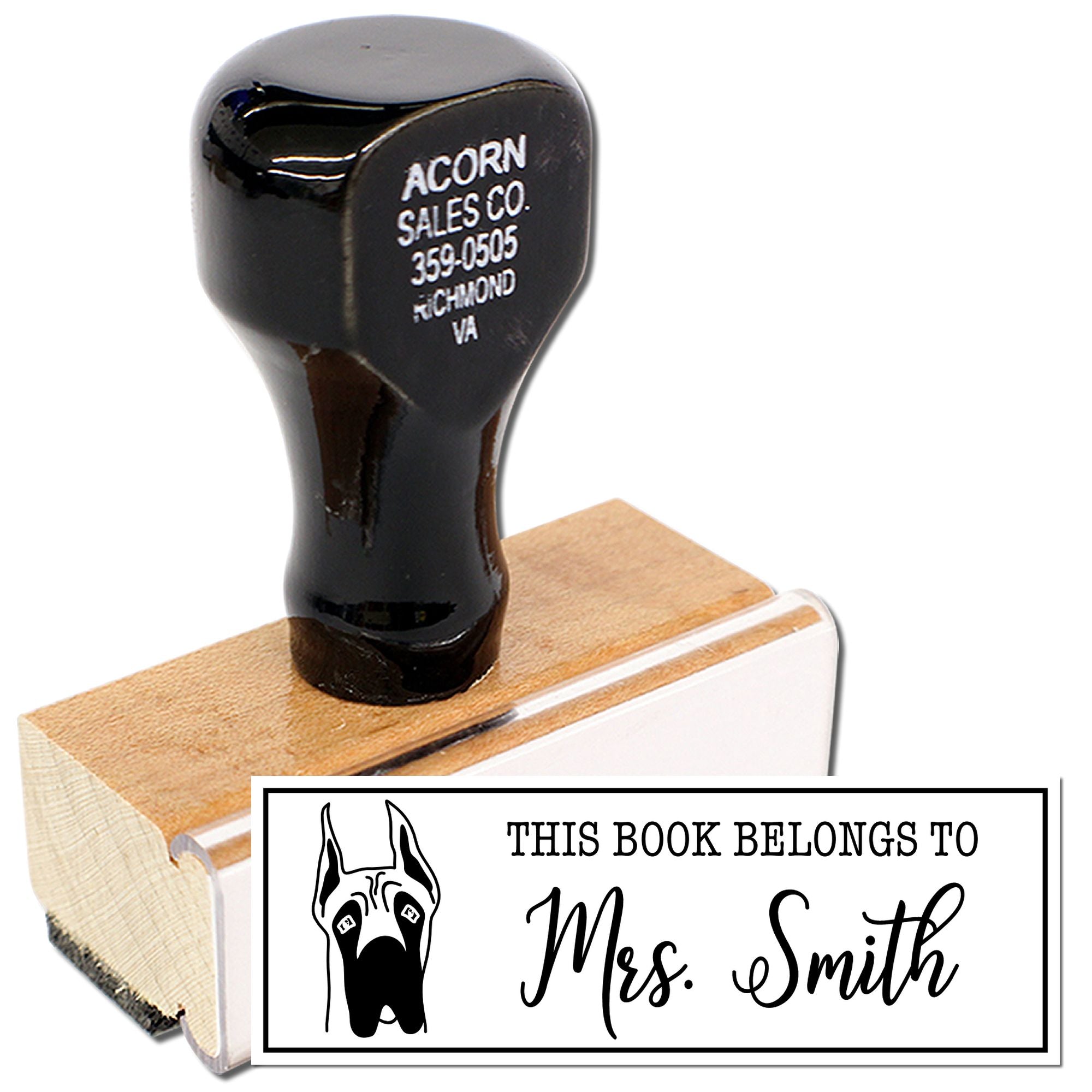 Personalized rubber stamp for books with dog artwork and This Book Belongs to Mrs. Smith name imprint