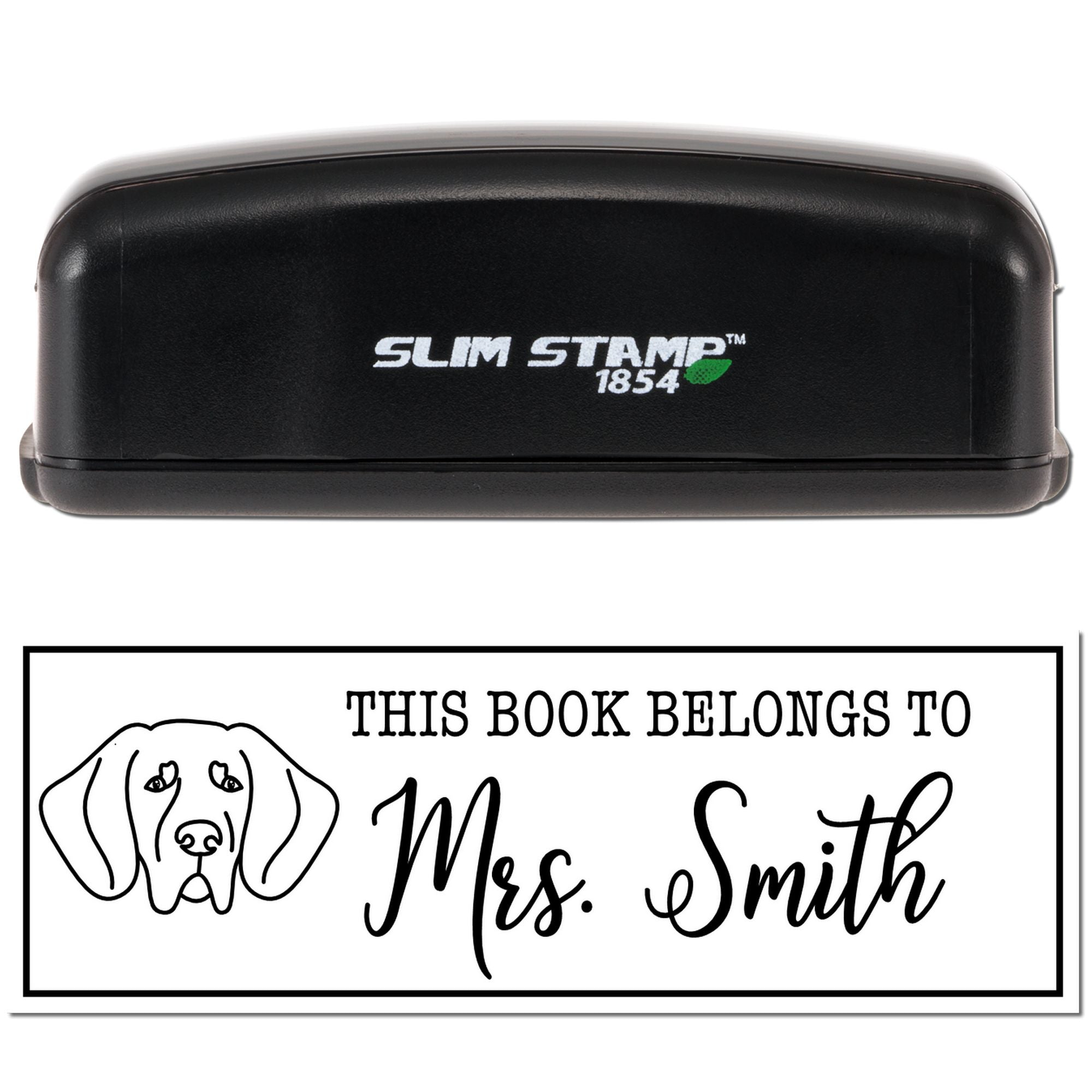Slim Stamp 1854 custom dog bookplate rubber stamp for personalized "This Book Belongs to Mrs. Smith" library labels.