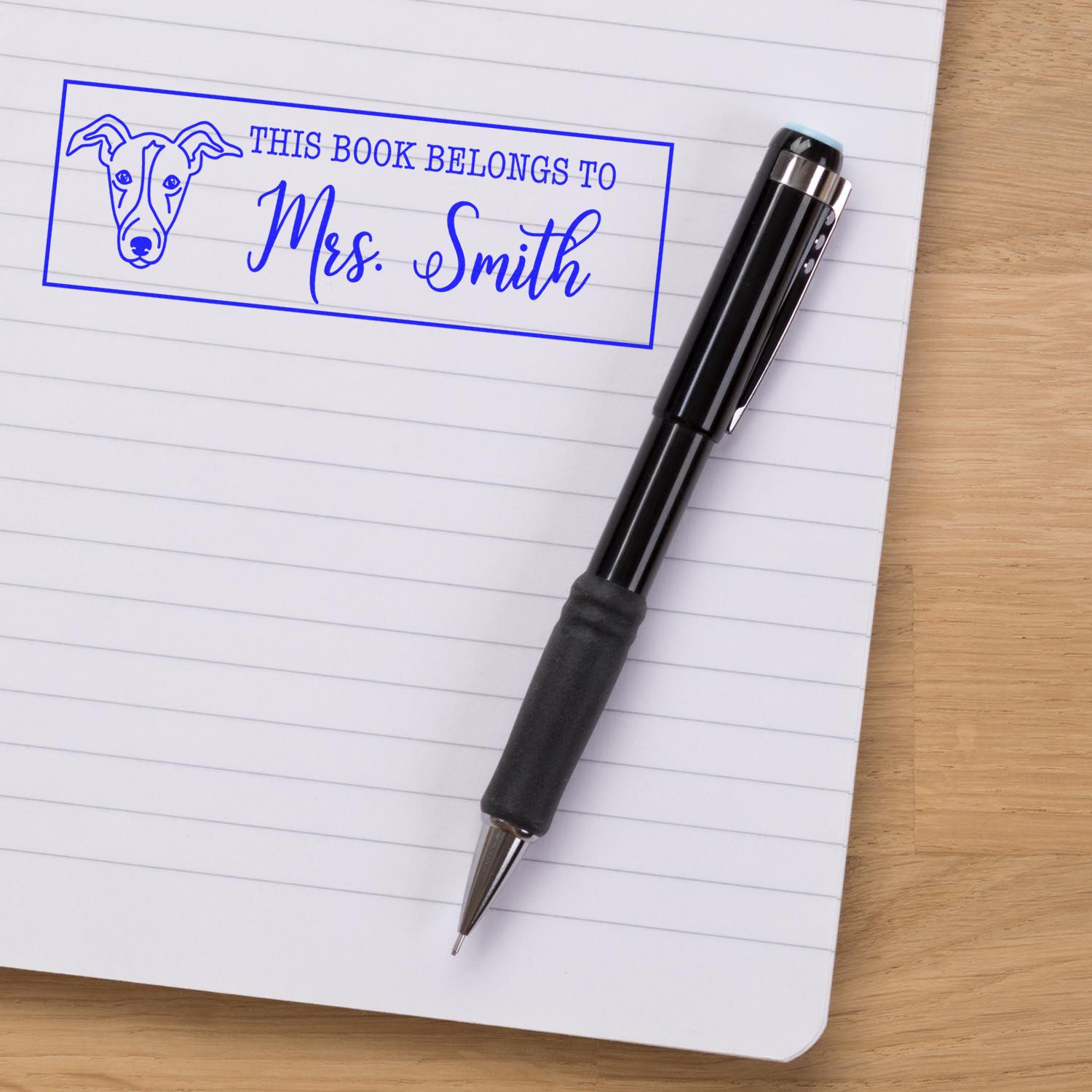 Personalized dog book stamp for Mrs. Smith, custom rubber stamp for marking school and library books.