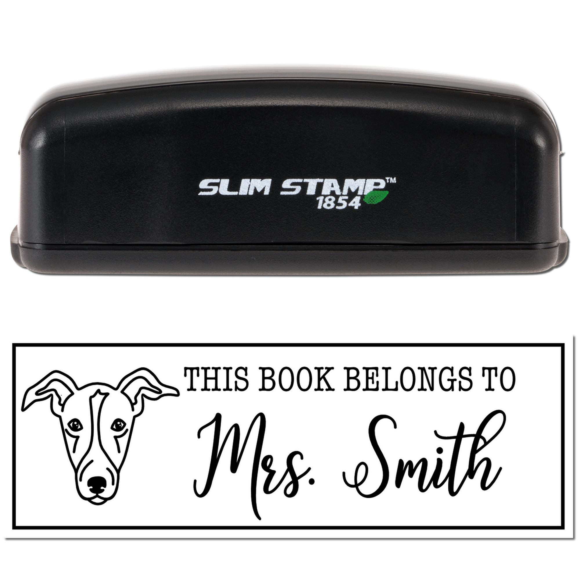 Slim Stamp 1854 personalized rubber book stamp with dog design, This book belongs to Mrs. Smith for library marking.