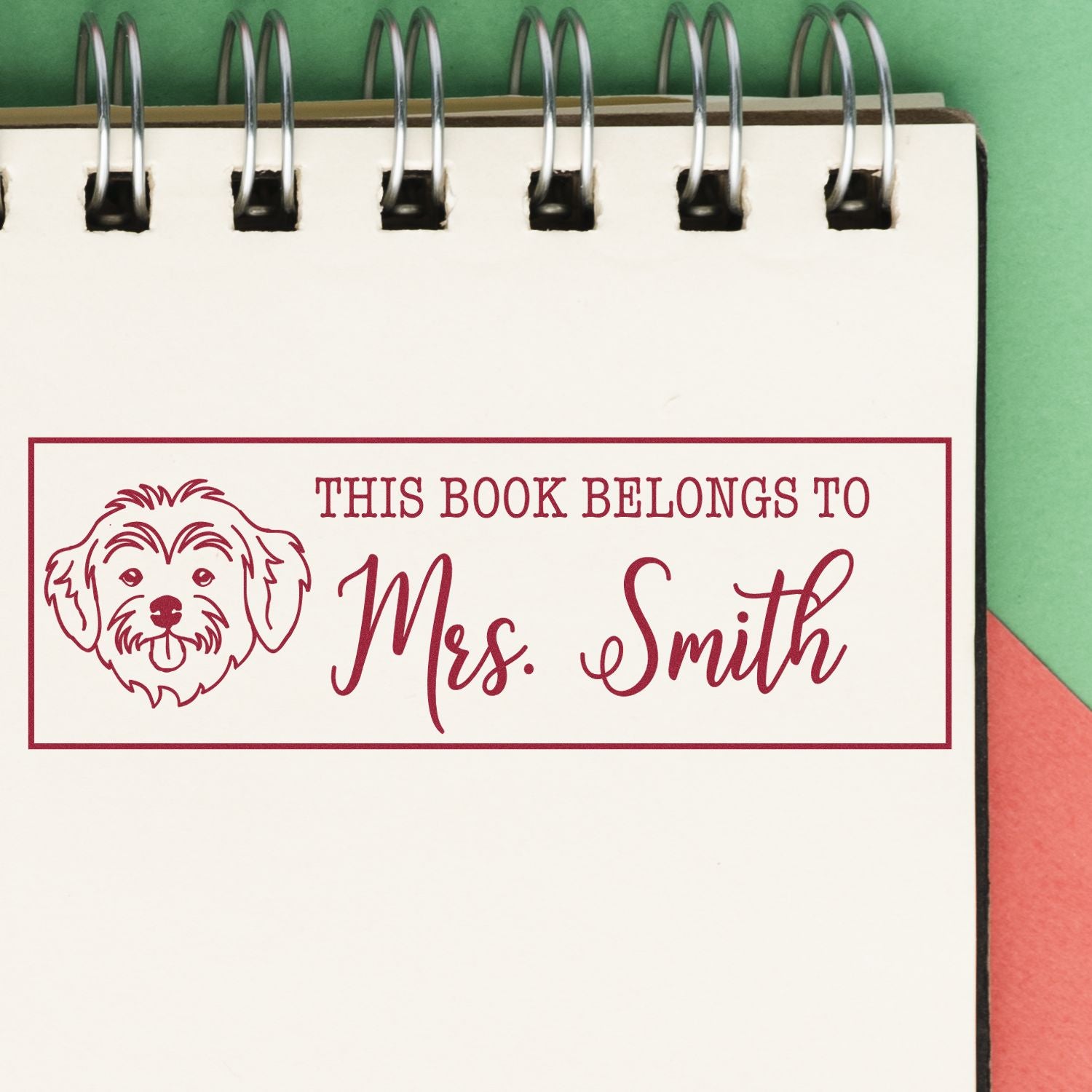 Personalized This Book Belongs to Mrs. Smith rubber stamp with dog graphic, ideal for custom library and classroom book labels.