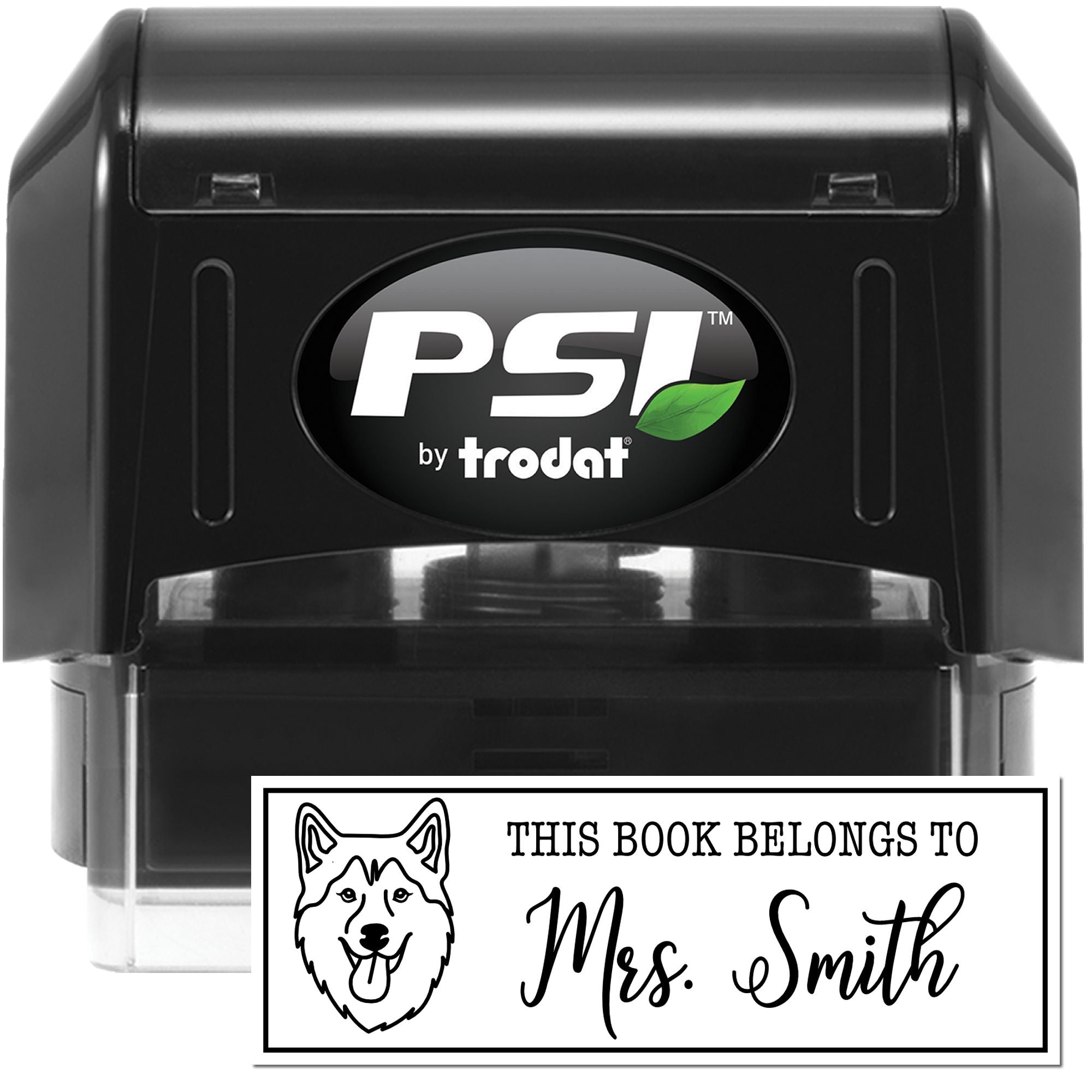 PSI by Trodat self-inking rubber stamp for personalized book labels, featuring a dog design and Mrs. Smith name.