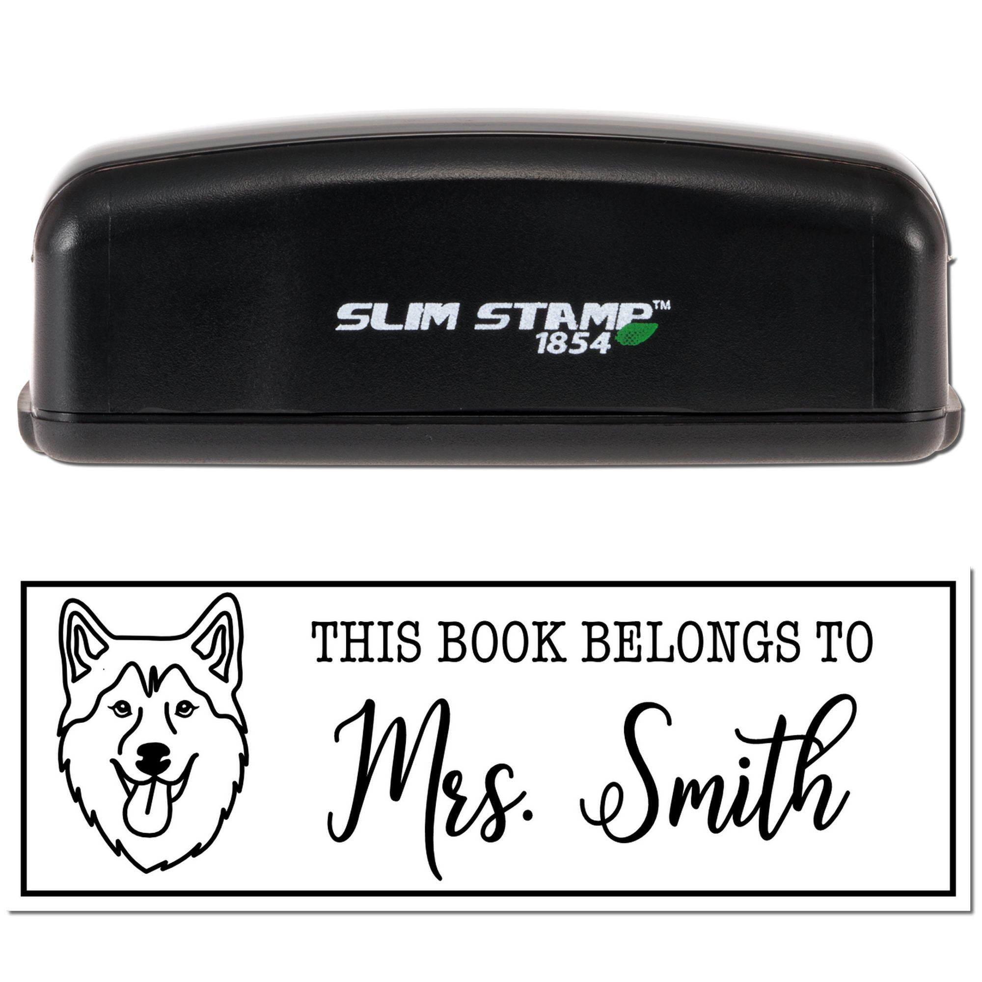 Slim Stamp 1854 rubber stamp with custom bookplate design reading This Book Belongs to Mrs. Smith and dog illustration.