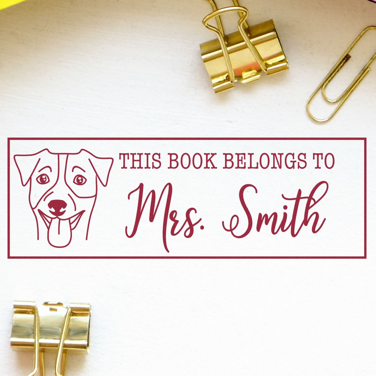 Personalized dog book belongs to rubber stamp for Mrs. Smith, ideal for custom bookplates and library labeling.