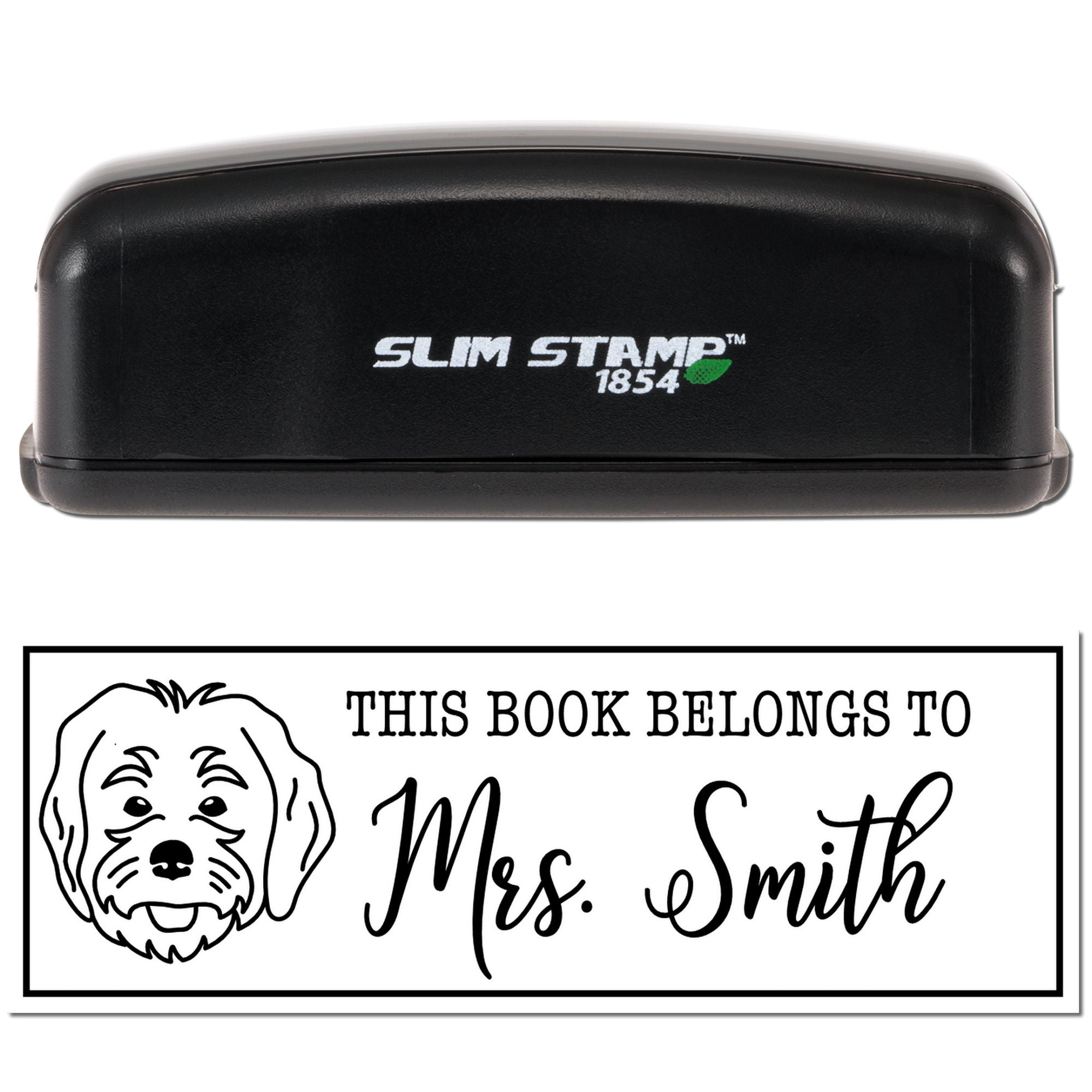 Slim Stamp 1854 self-inking rubber book stamp with personalized This Book Belongs To Mrs. Smith design.