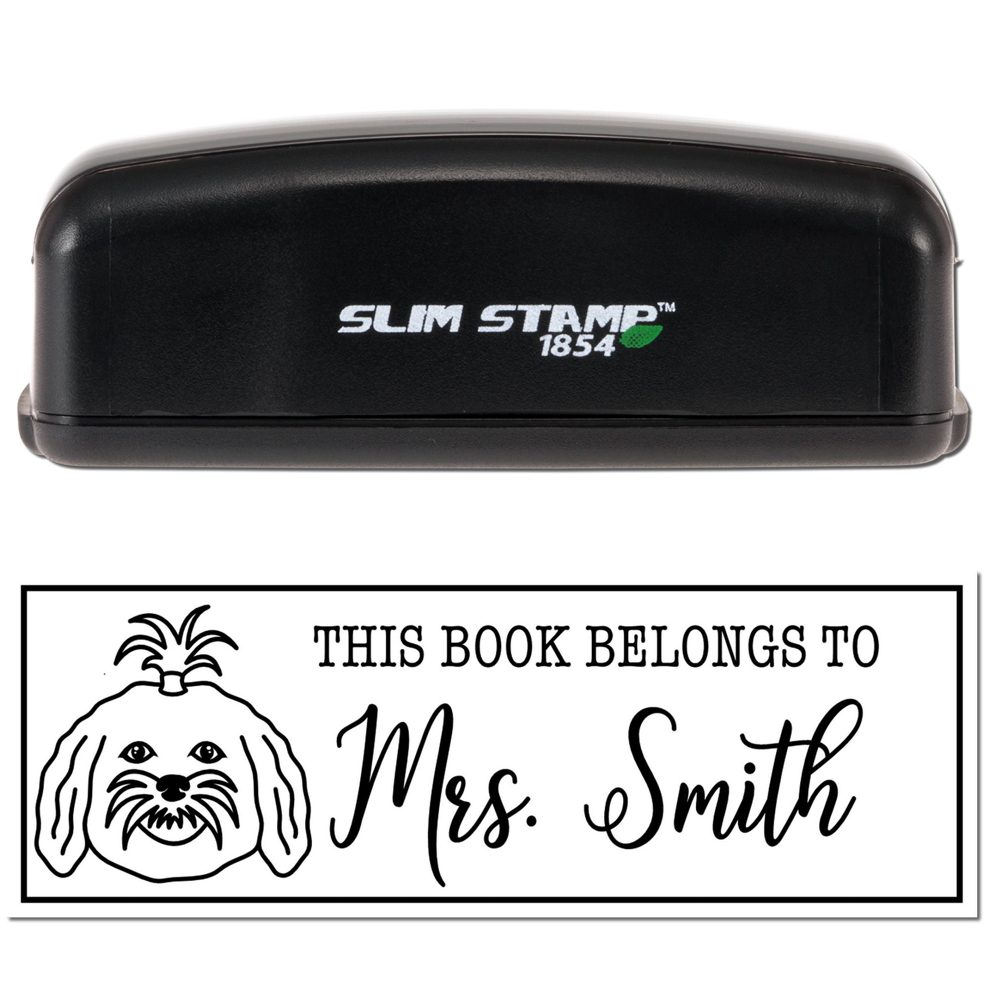 Custom self-inking rubber book stamp with dog bookplate reading This Book Belongs to Mrs. Smith.