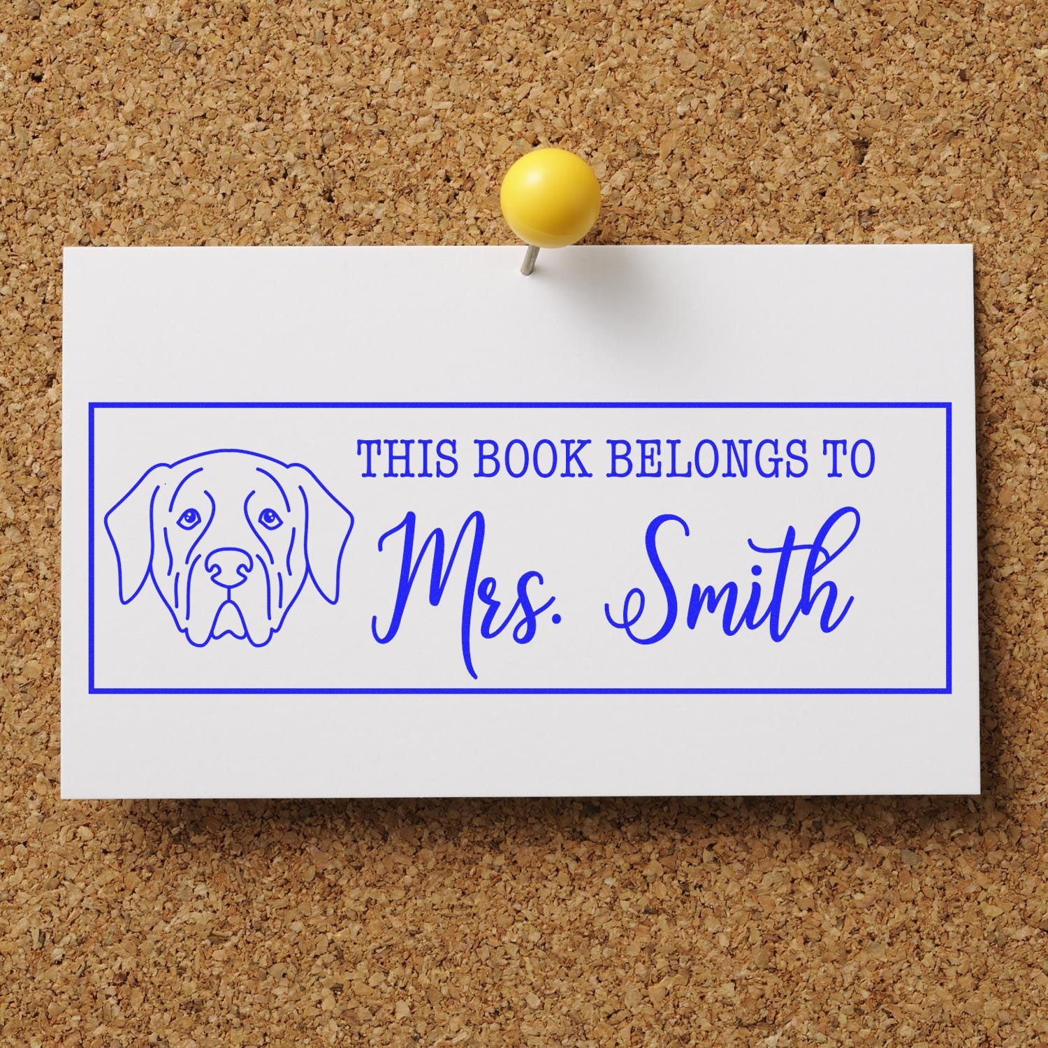 Personalized dog book stamp for Mrs. Smith with This Book Belongs To text and dog illustration on a white card.