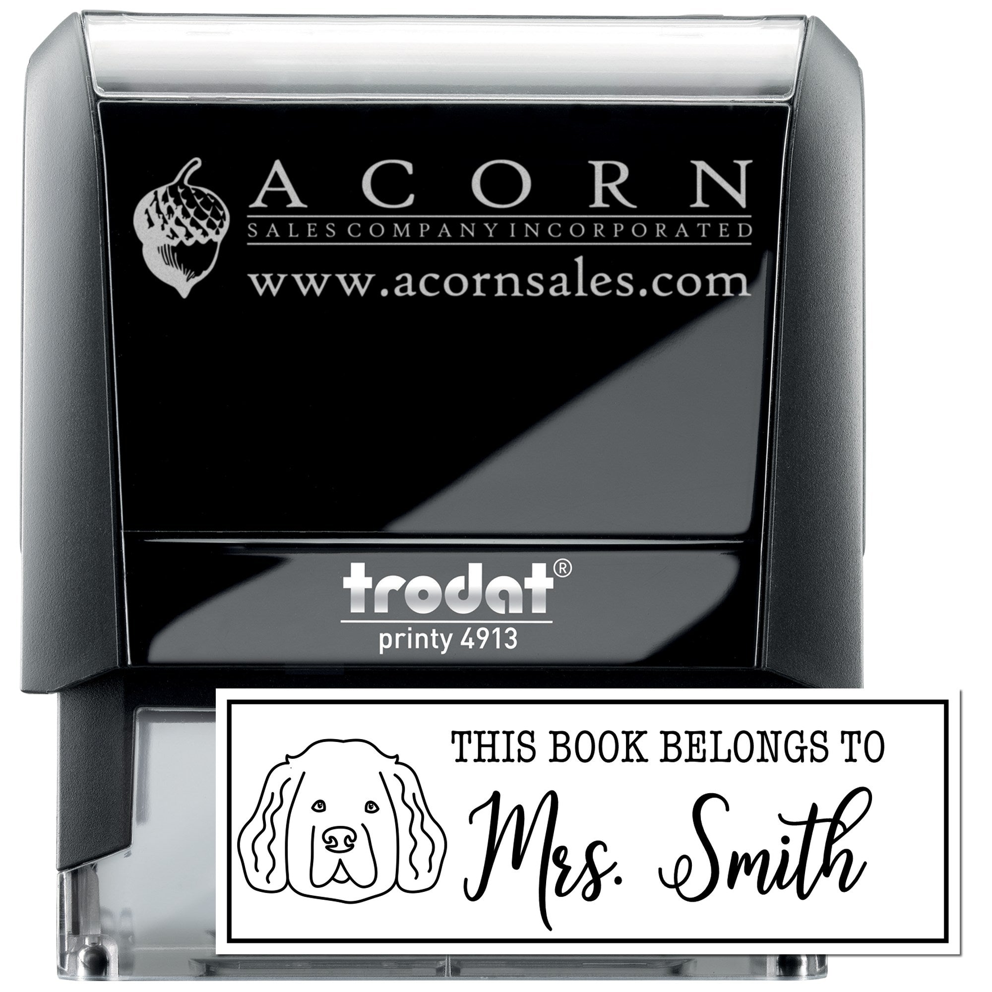 Trodat Printy self-inking rubber book stamp with personalized This Book Belongs to Mrs. Smith design for teachers and libraries.