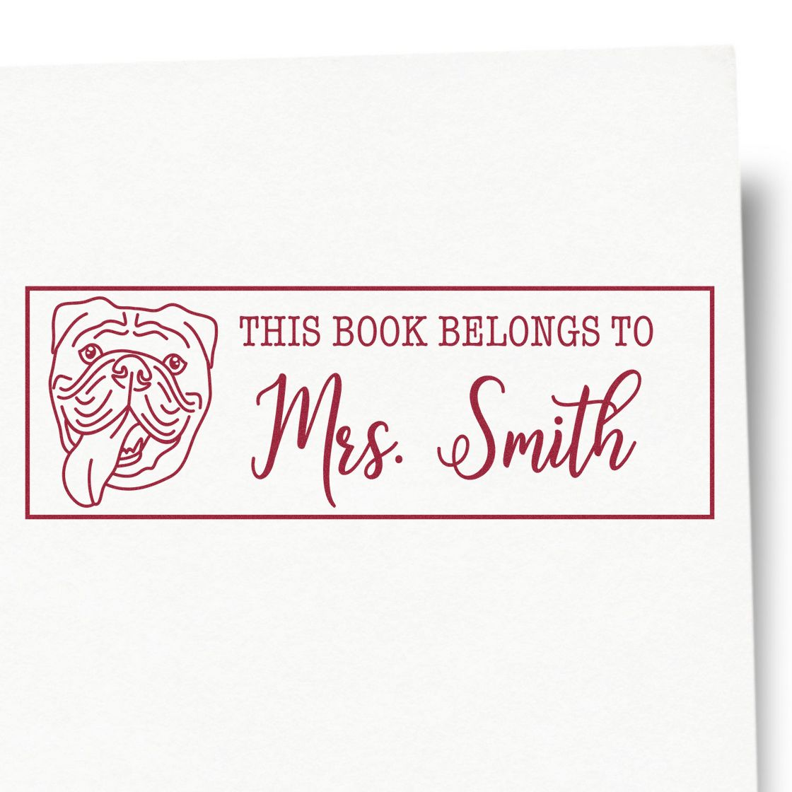 Personalized bulldog book stamp with This Book Belongs to Mrs. Smith text for teachers, librarians, and book lovers.