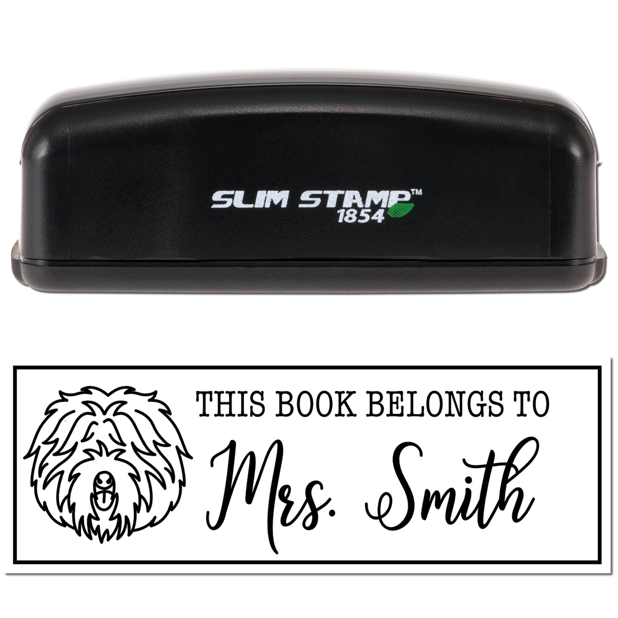 Personalized self-inking rubber stamp with custom bookplate for books, featuring dog art and This Book Belongs to Mrs. Smith text.