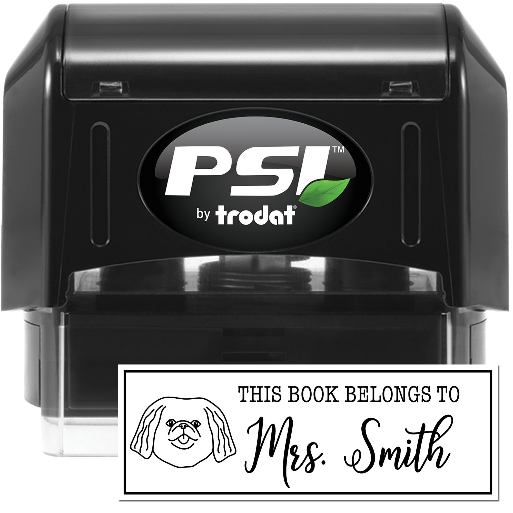 PSI by Trodat self-inking rubber stamp for personalized book labels, shown with custom This Book Belongs To Mrs. Smith imprint.