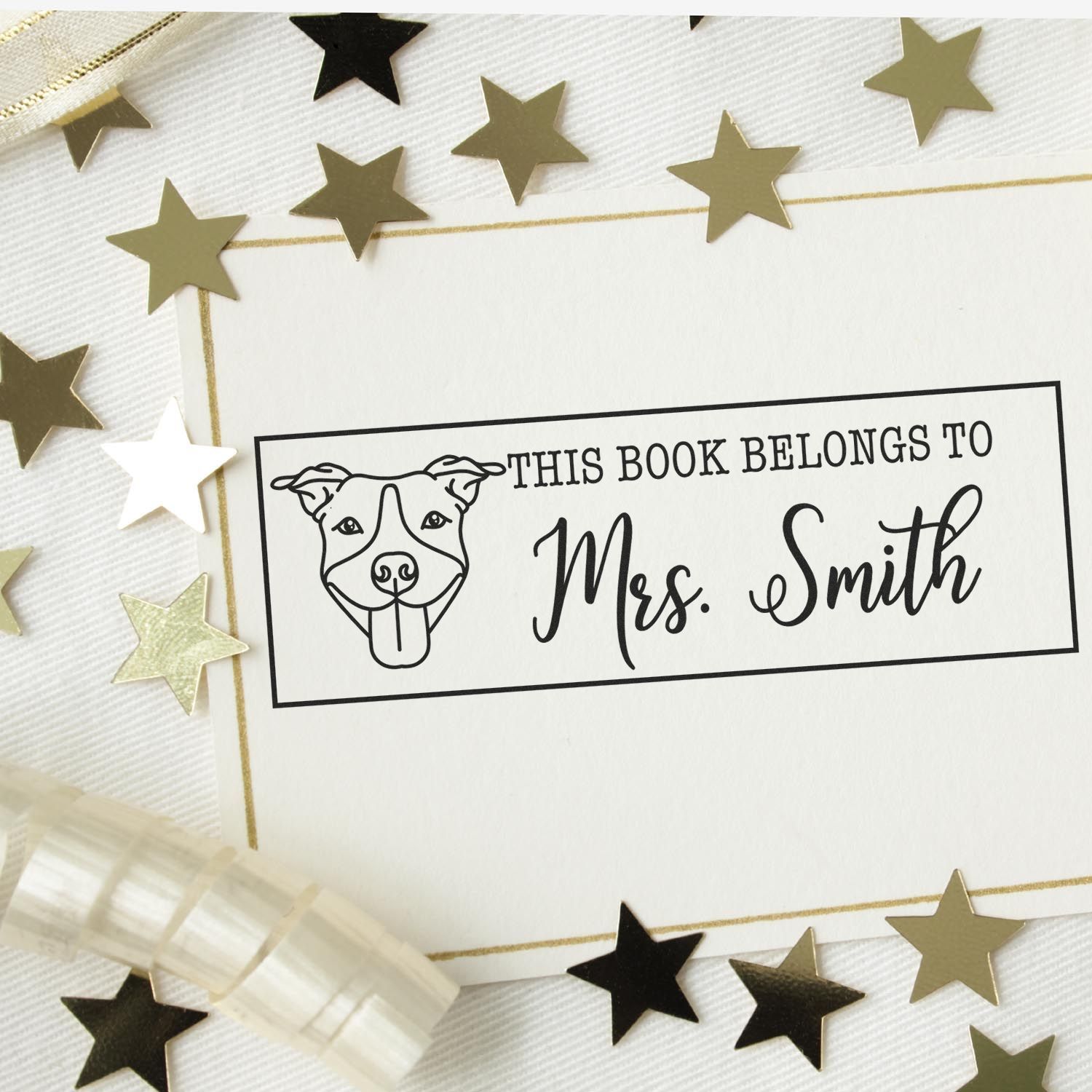 Personalized dog book stamp for custom bookplates, reading This Book Belongs to Mrs. Smith for library and gift use.
