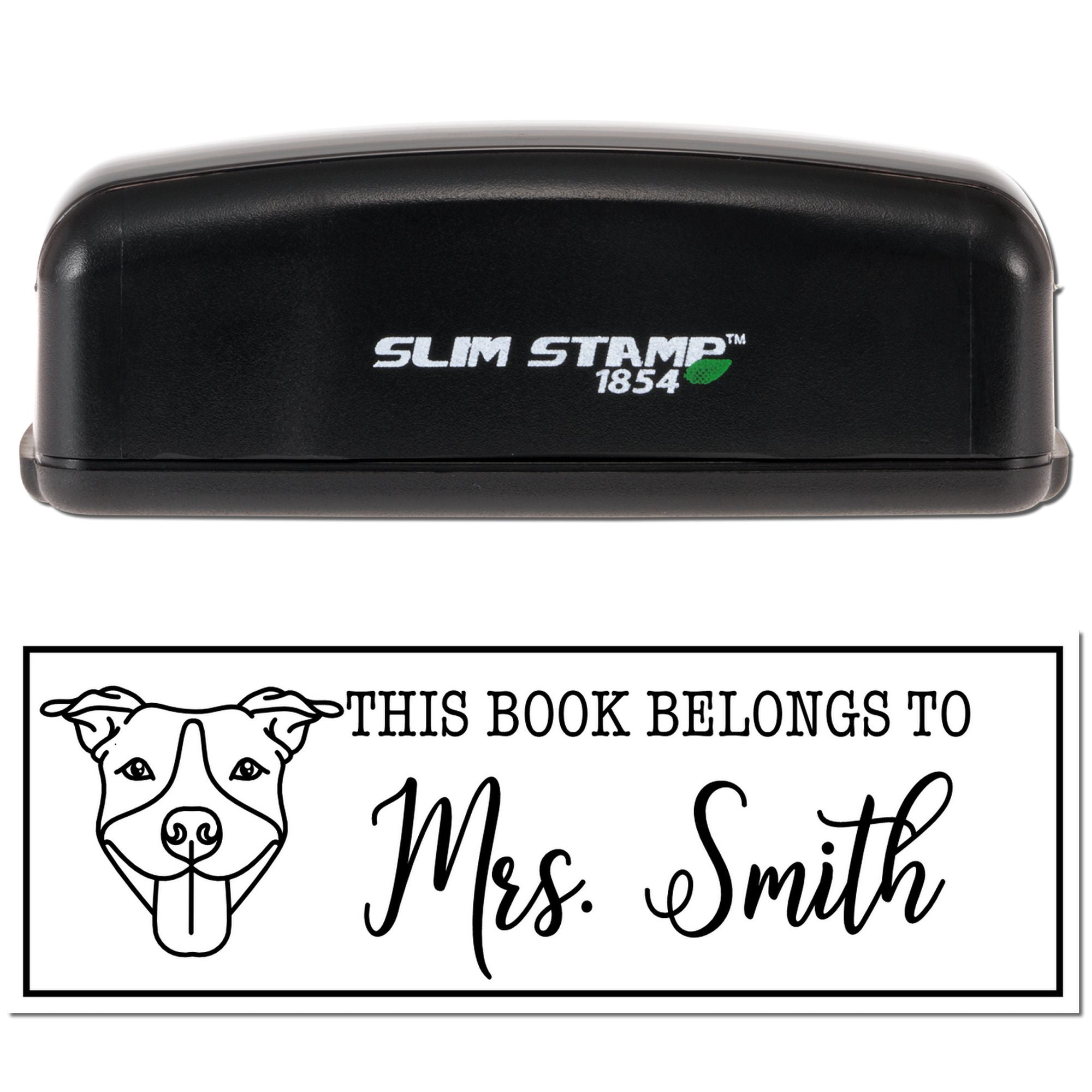 Slim Stamp 1854 custom rubber stamp for books, featuring a dog design and This Book Belongs To Mrs. Smith imprint.