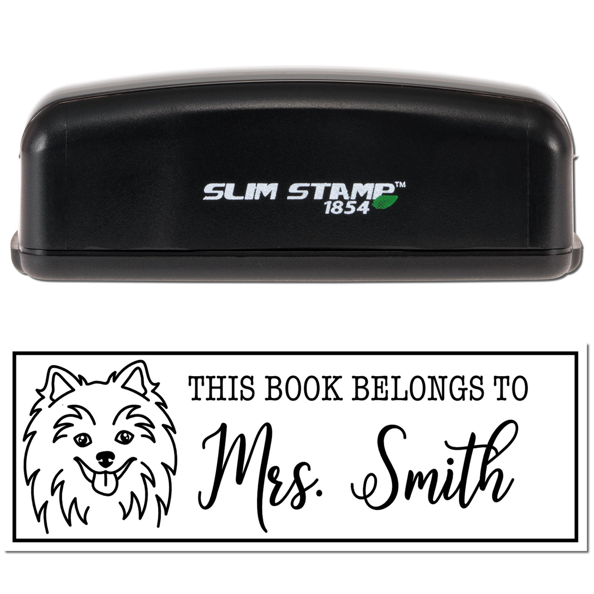 Slim Stamp 1854 self-inking rubber stamp for personalized bookplates, showing dog This Book Belongs to Mrs. Smith design