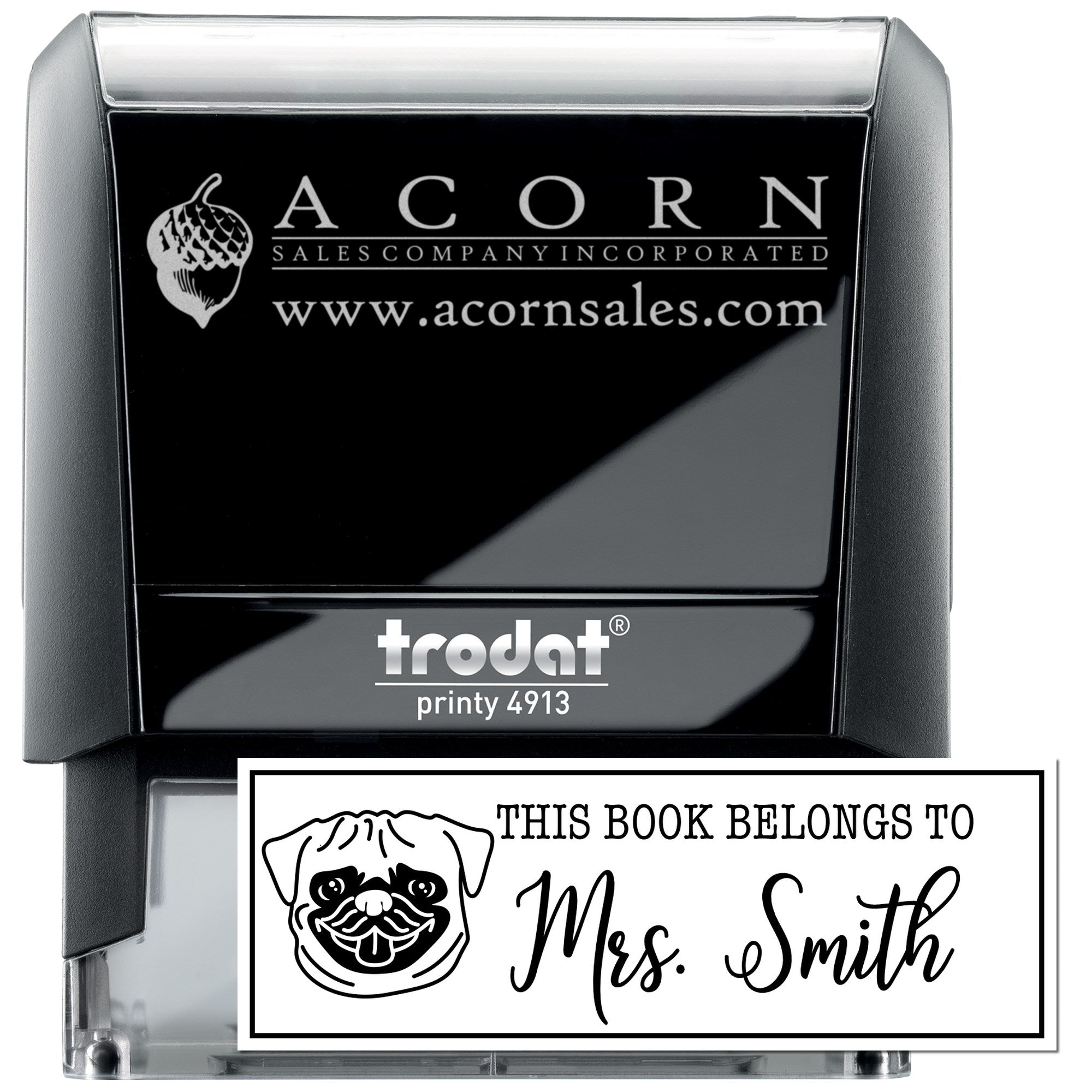 Custom self-inking rubber stamp with business logo and personalized This Book Belongs to Mrs. Smith book imprint.