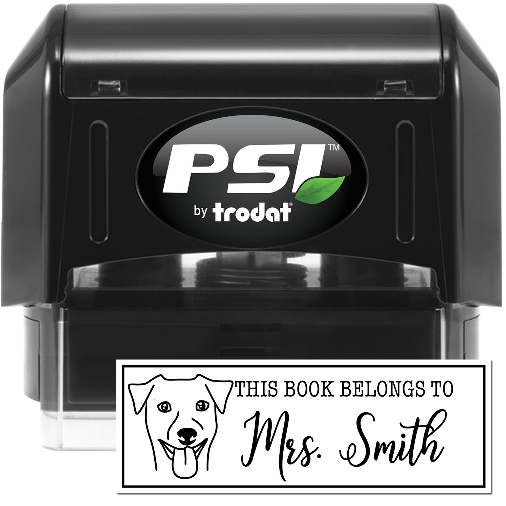 PSI by Trodat self-inking rubber stamp with custom bookplate design for personalizing books, featuring dog illustration and Mrs. Smith name.