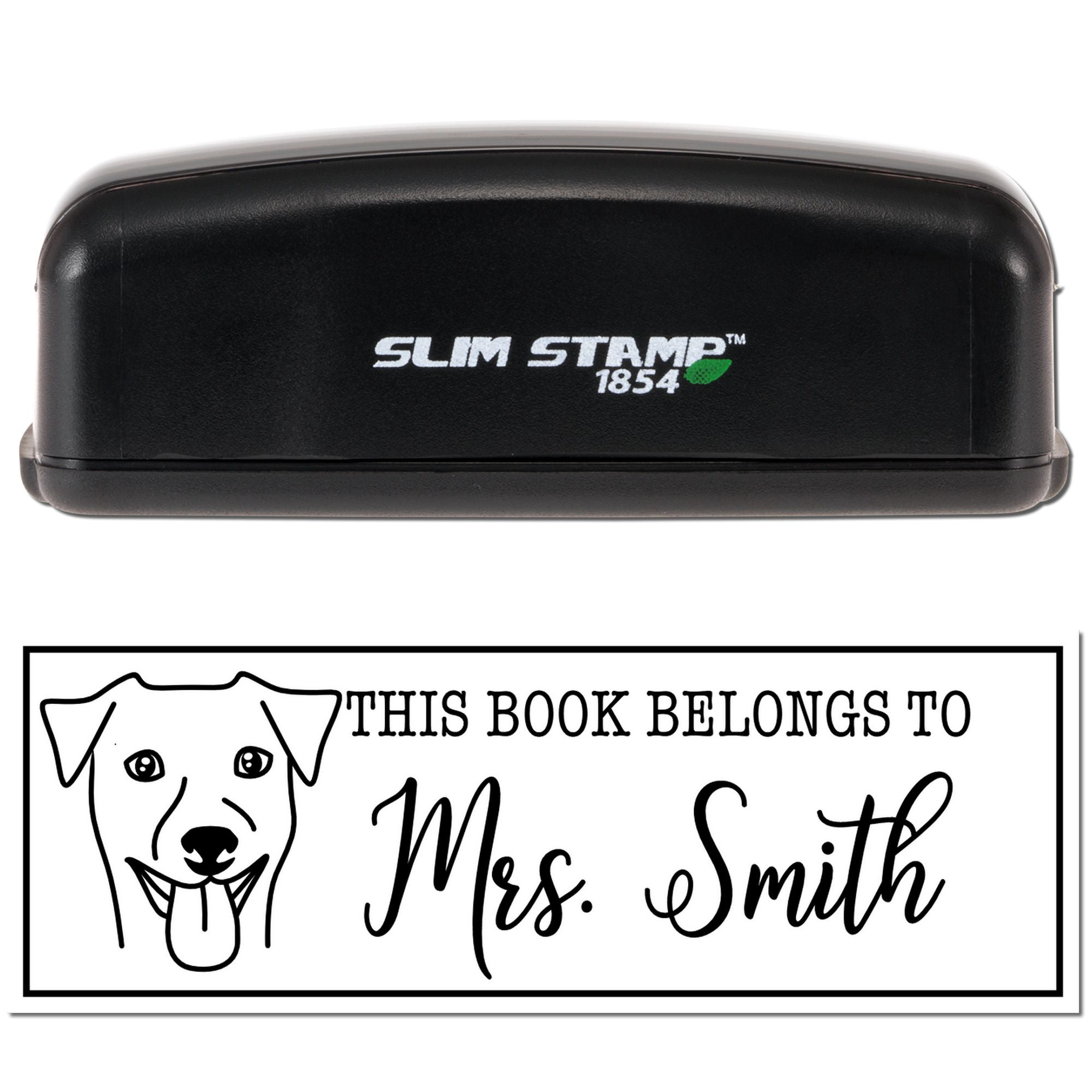 Slim Stamp rubber book stamp with dog design, personalized This Book Belongs to Mrs. Smith ex libris imprint.