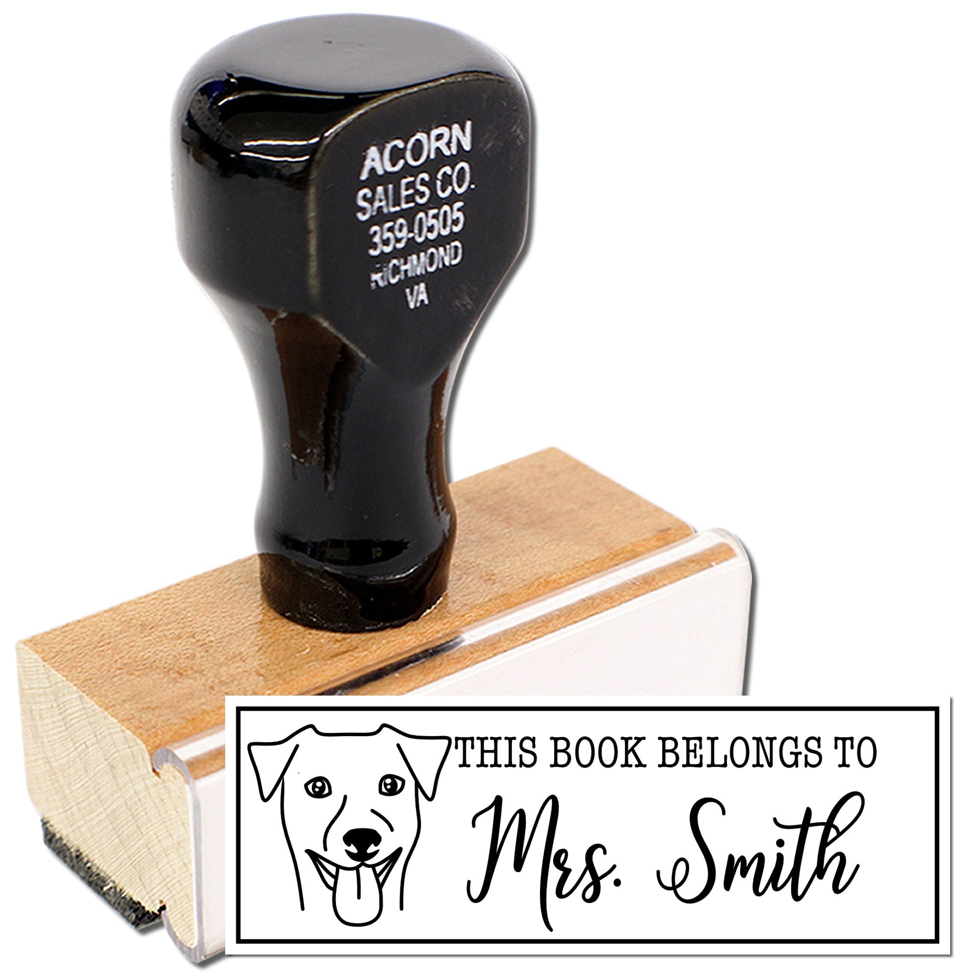 Personalized rubber book stamp with dog design, custom This Book Belongs To Mrs. Smith stamp for library books.