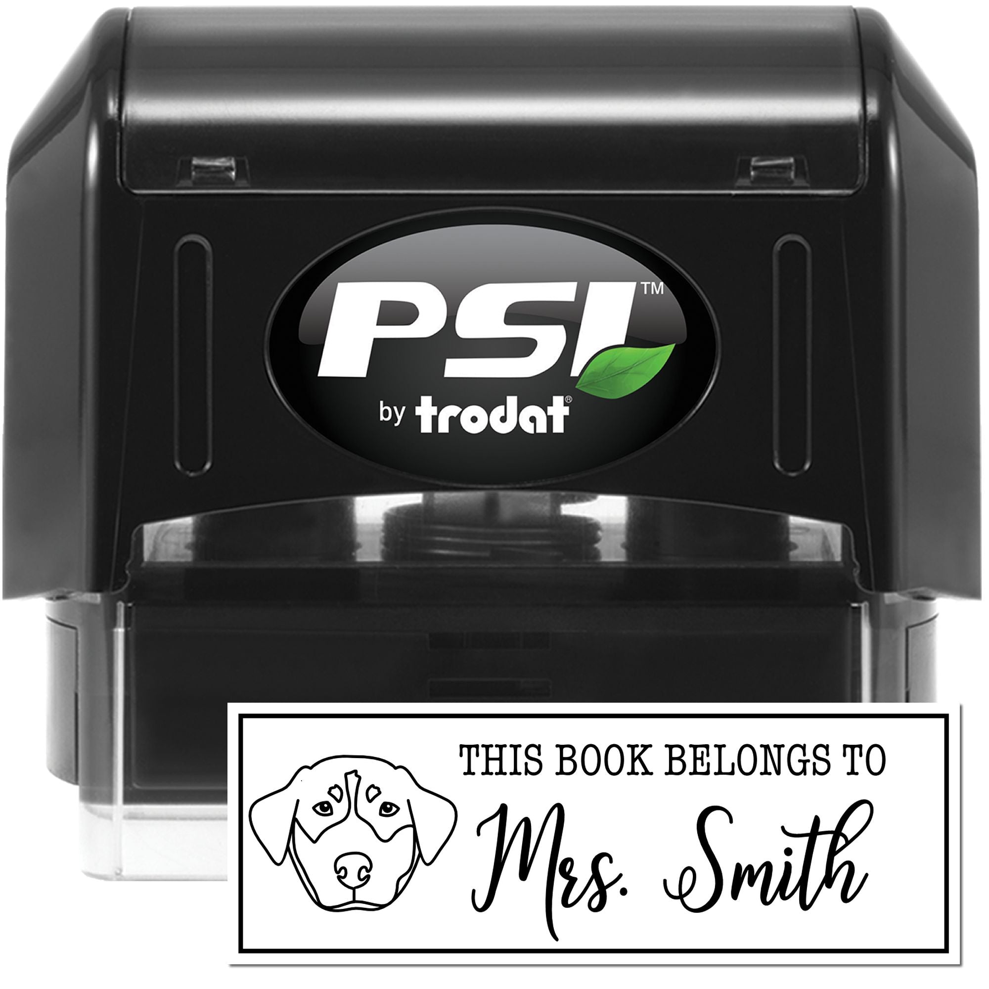 PSI by Trodat self-inking rubber stamp for personalized This Book Belongs To bookplate labels with dog design.