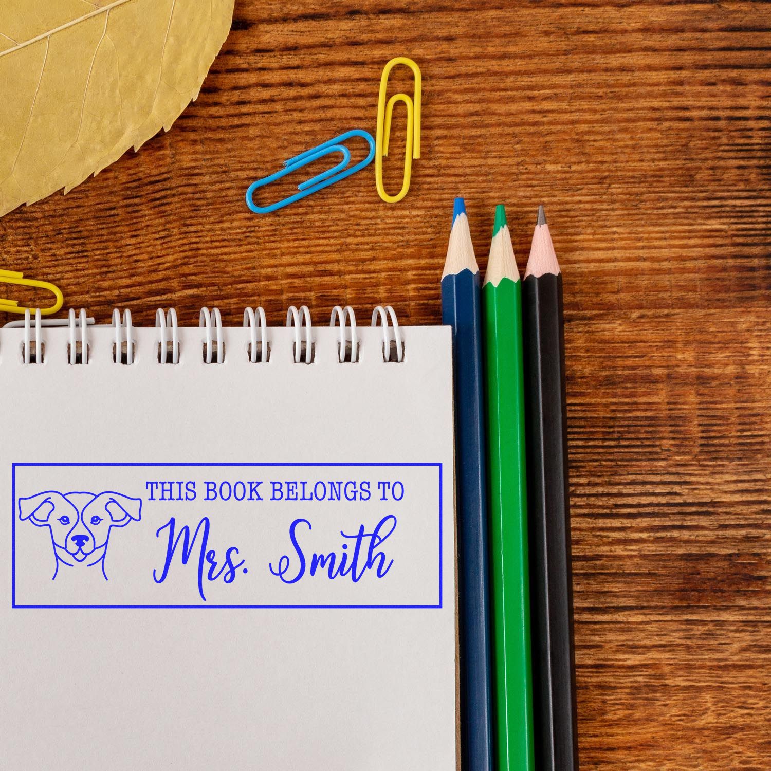 Custom rubber book stamp with dog design reading This book belongs to Mrs. Smith on a notebook page.