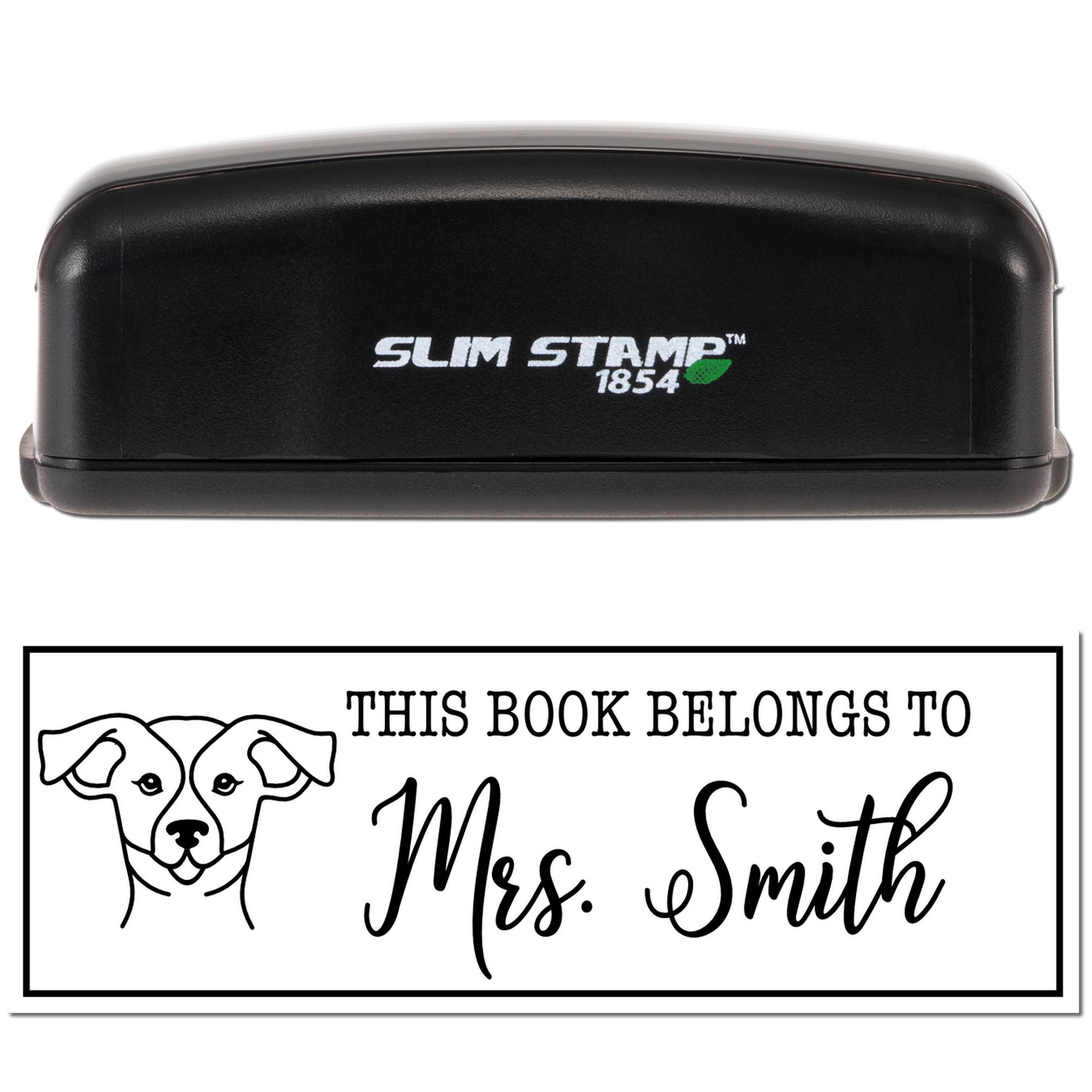 Slim Stamp 1854 self-inking rubber stamp for personalized book labels, featuring a dog This Book Belongs to Mrs. Smith design.