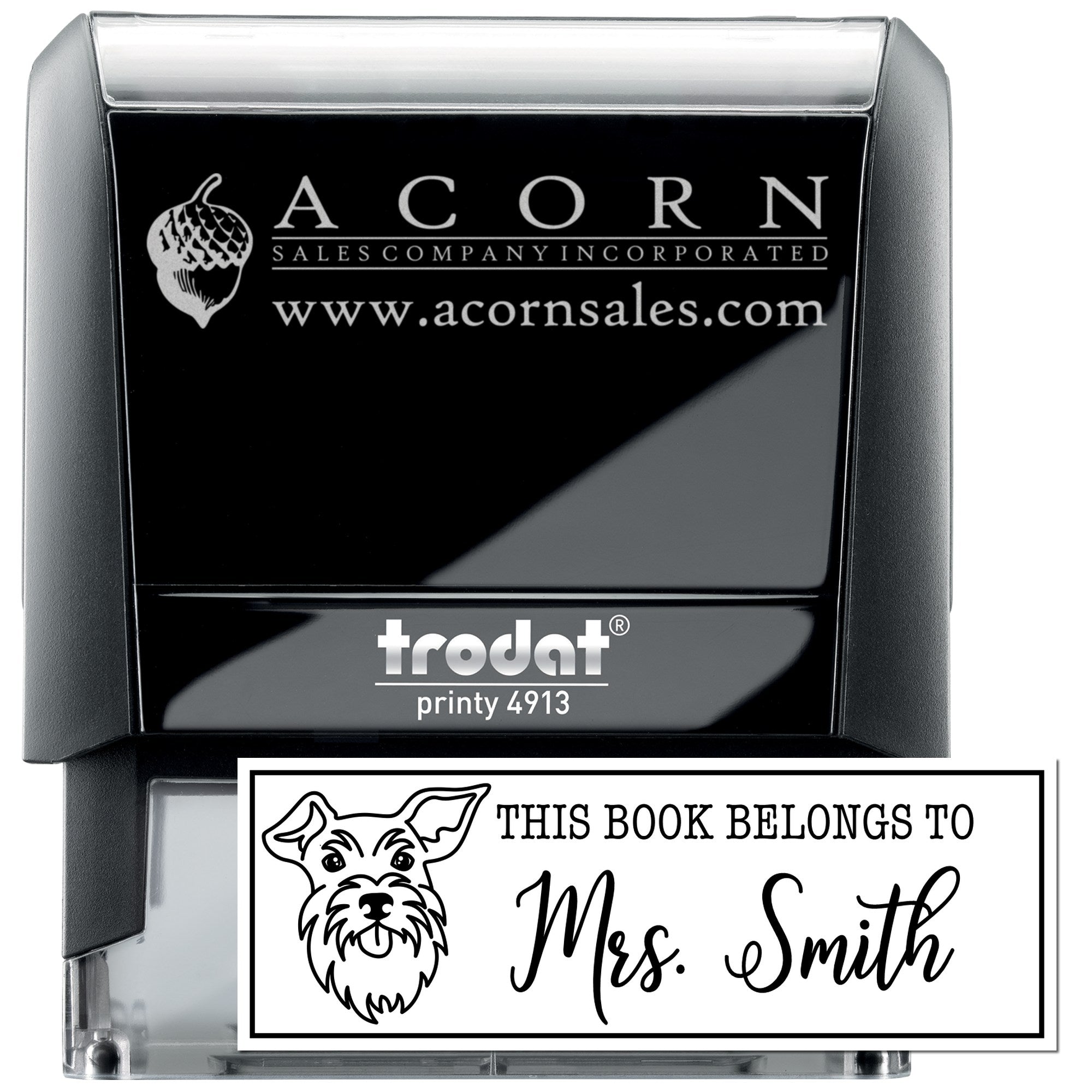 Custom self-inking rubber stamp with logo and personalized book owner stamp sample, Trodat Printy 4913.