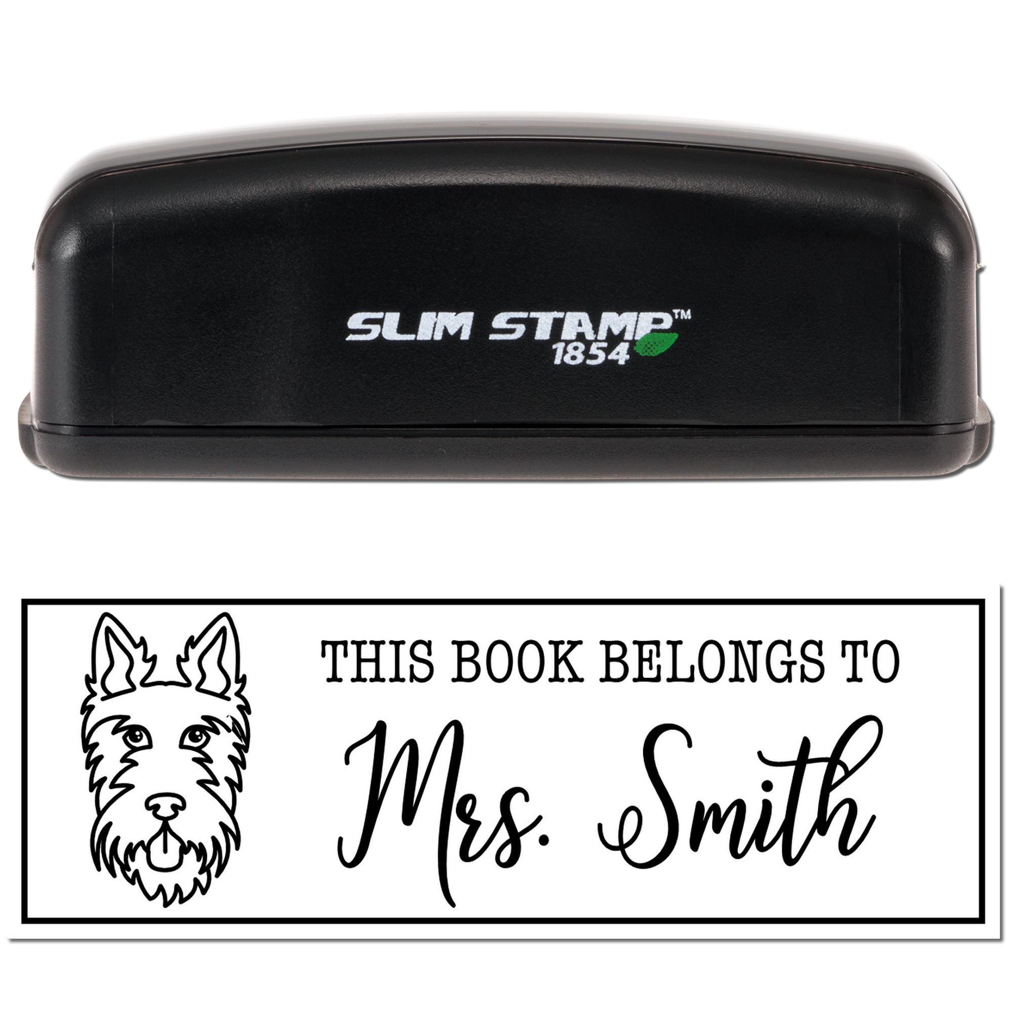 Custom self-inking rubber book stamp with dog illustration and This Book Belongs to Mrs. Smith text.