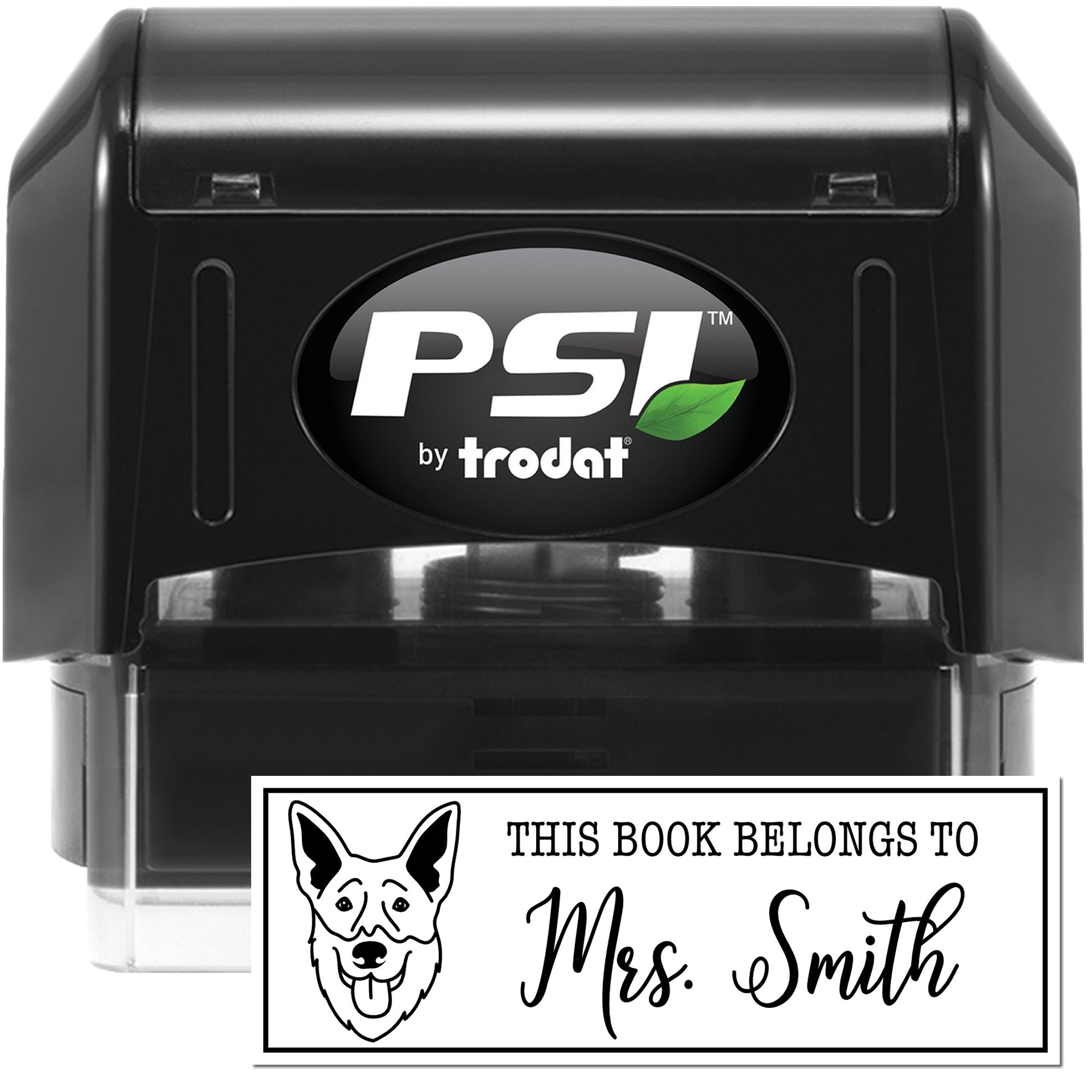 PSI by Trodat self-inking rubber stamp for custom bookplate impressions, featuring This Book Belongs To dog design.