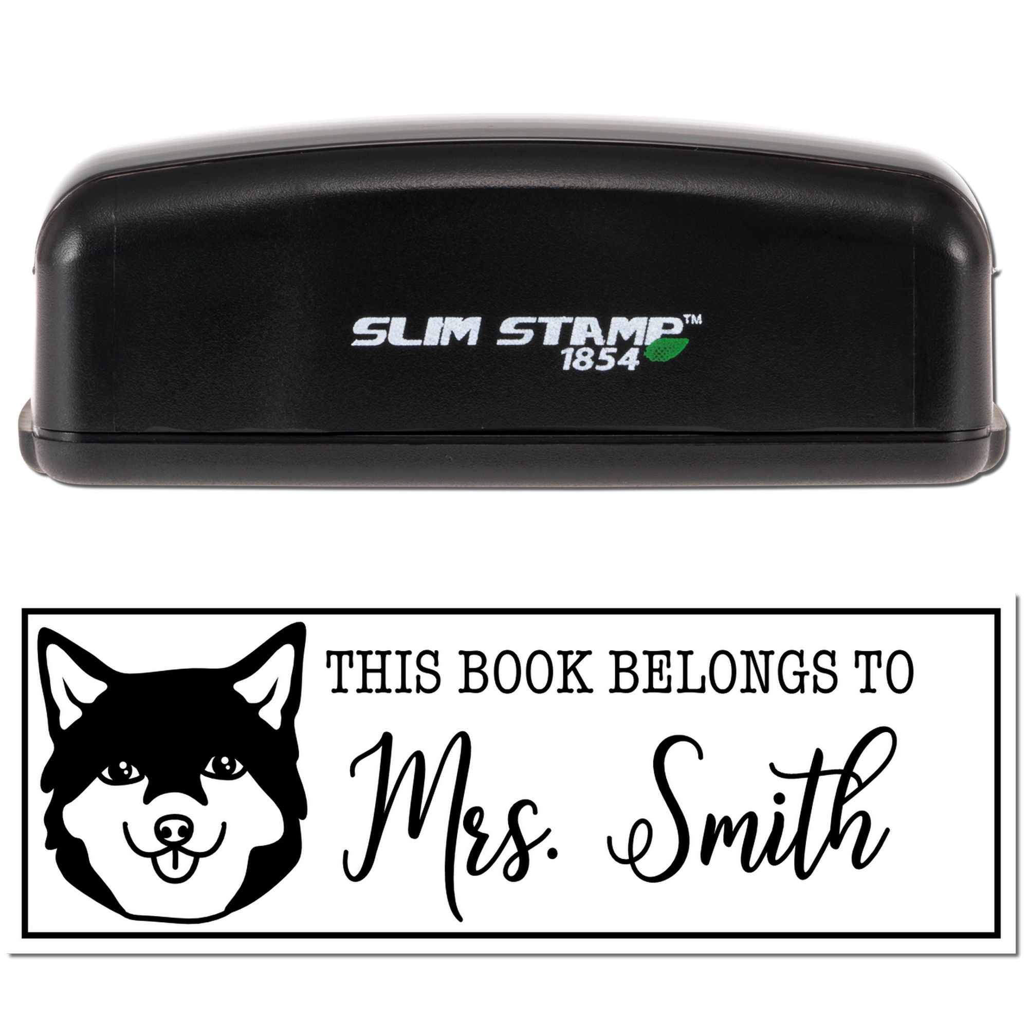Slim Stamp 1854 self-inking rubber stamp with personalized book ownership design, cat graphic, and Mrs. Smith name.