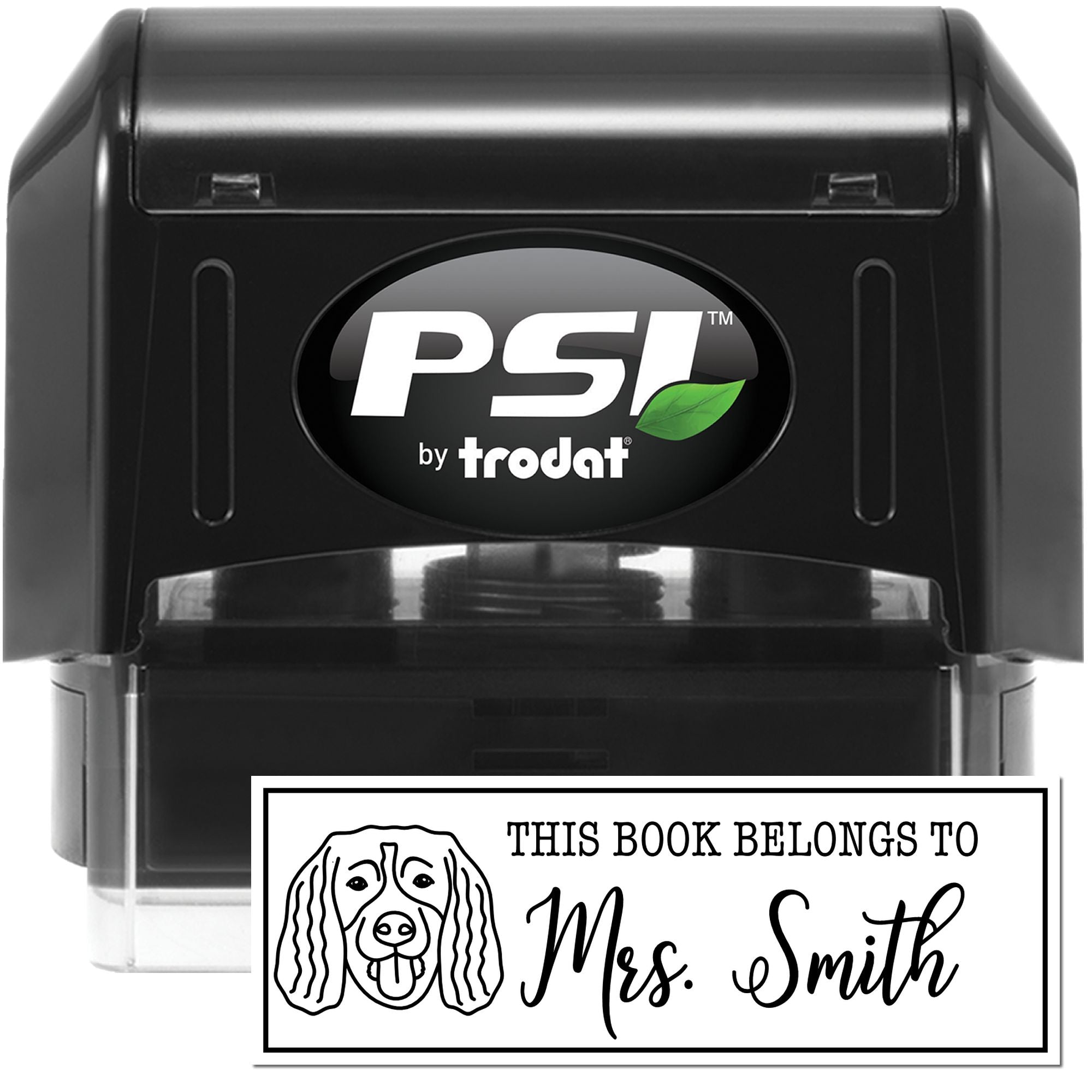 PSI by Trodat self-inking rubber stamp with custom This Book Belongs To dog bookplate design for personalized book labeling.