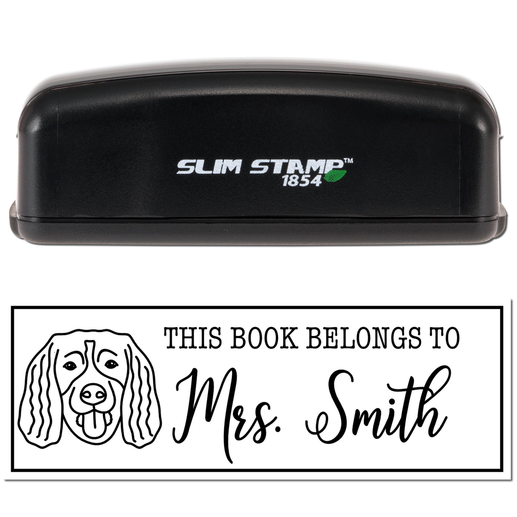 Personalized self-inking rubber book stamp with dog design and This Book Belongs to Mrs. Smith ex libris imprint.