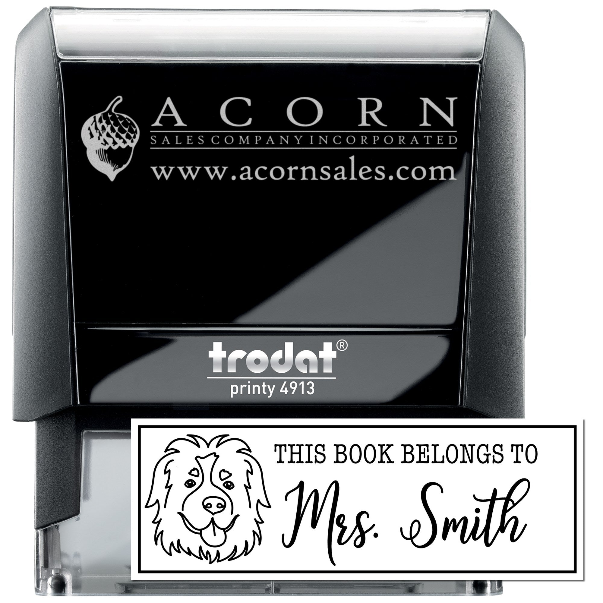 Trodat Printy 4913 self-inking rubber stamp with custom logo and personalized book belongs to Mrs. Smith design