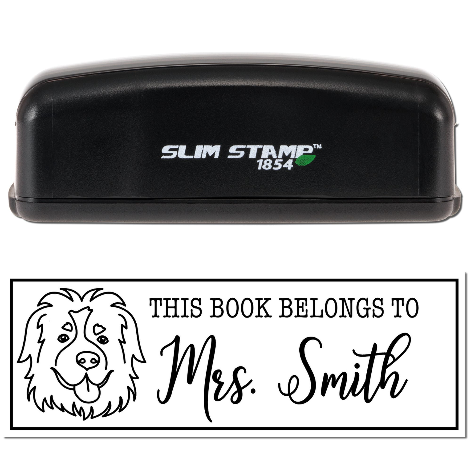 Slim Stamp 1854 personalized dog bookplate rubber stamp with This Book Belongs To Mrs. Smith custom imprint